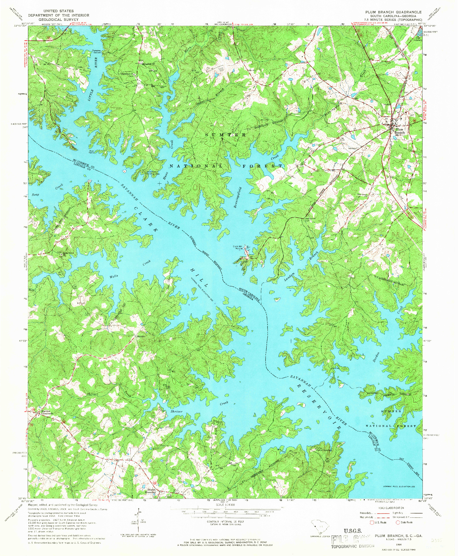 USGS 1:24000-SCALE QUADRANGLE FOR PLUM BRANCH, SC 1964