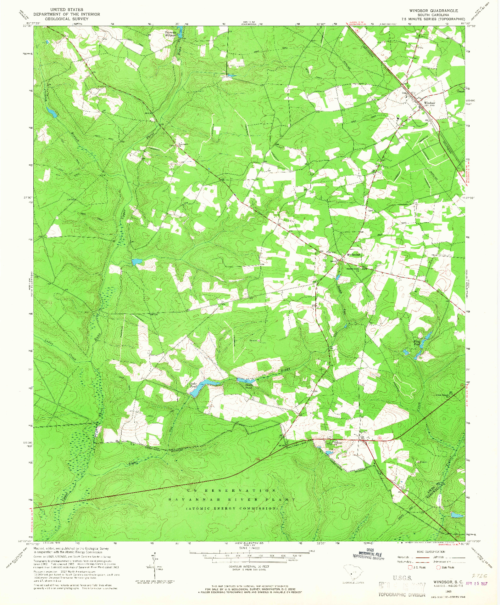 USGS 1:24000-SCALE QUADRANGLE FOR WINDSOR, SC 1965