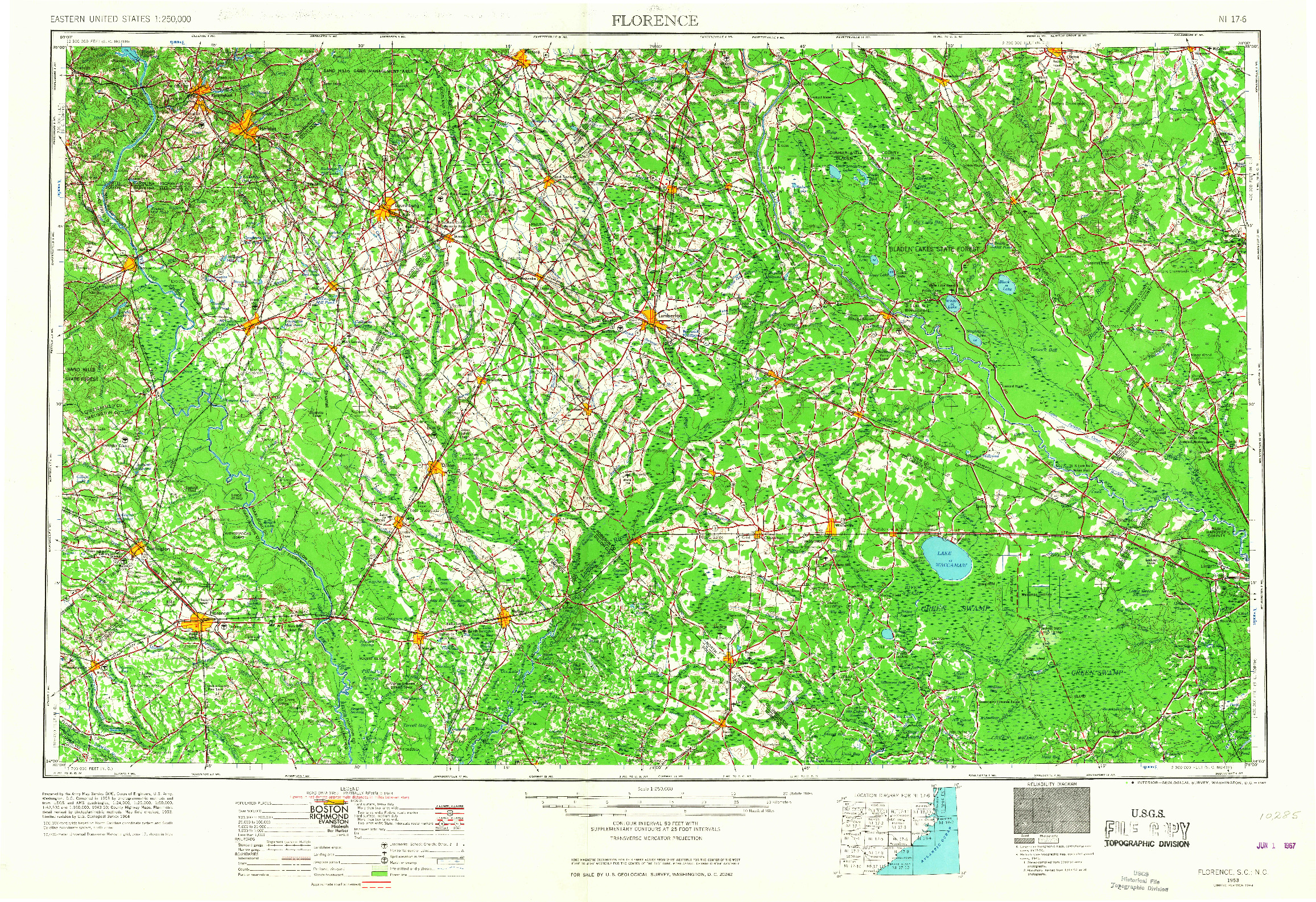 USGS 1:250000-SCALE QUADRANGLE FOR FLORENCE, SC 1953