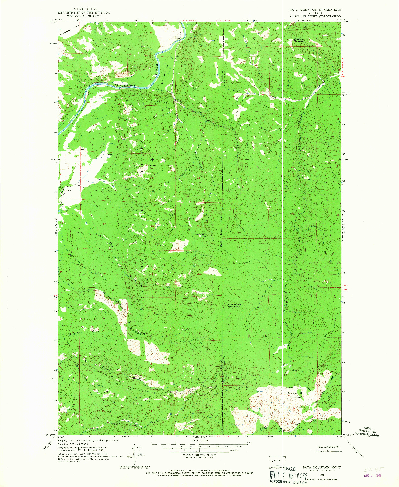 USGS 1:24000-SCALE QUADRANGLE FOR BATA MOUNTAIN, MT 1965