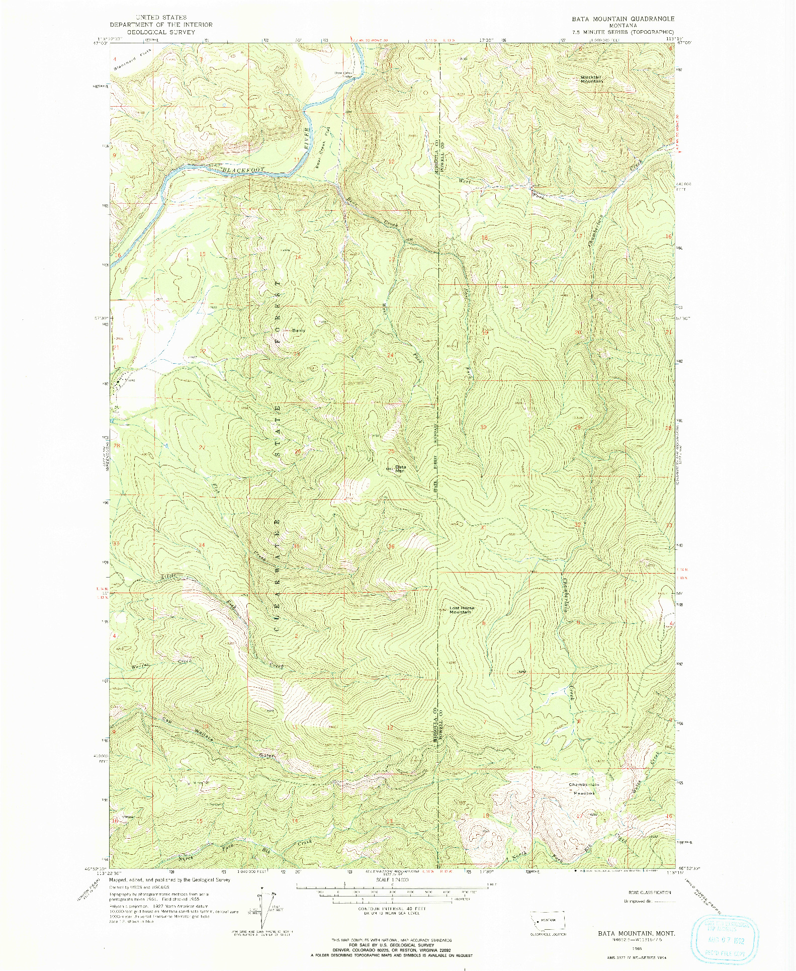 USGS 1:24000-SCALE QUADRANGLE FOR BATA MOUNTAIN, MT 1965