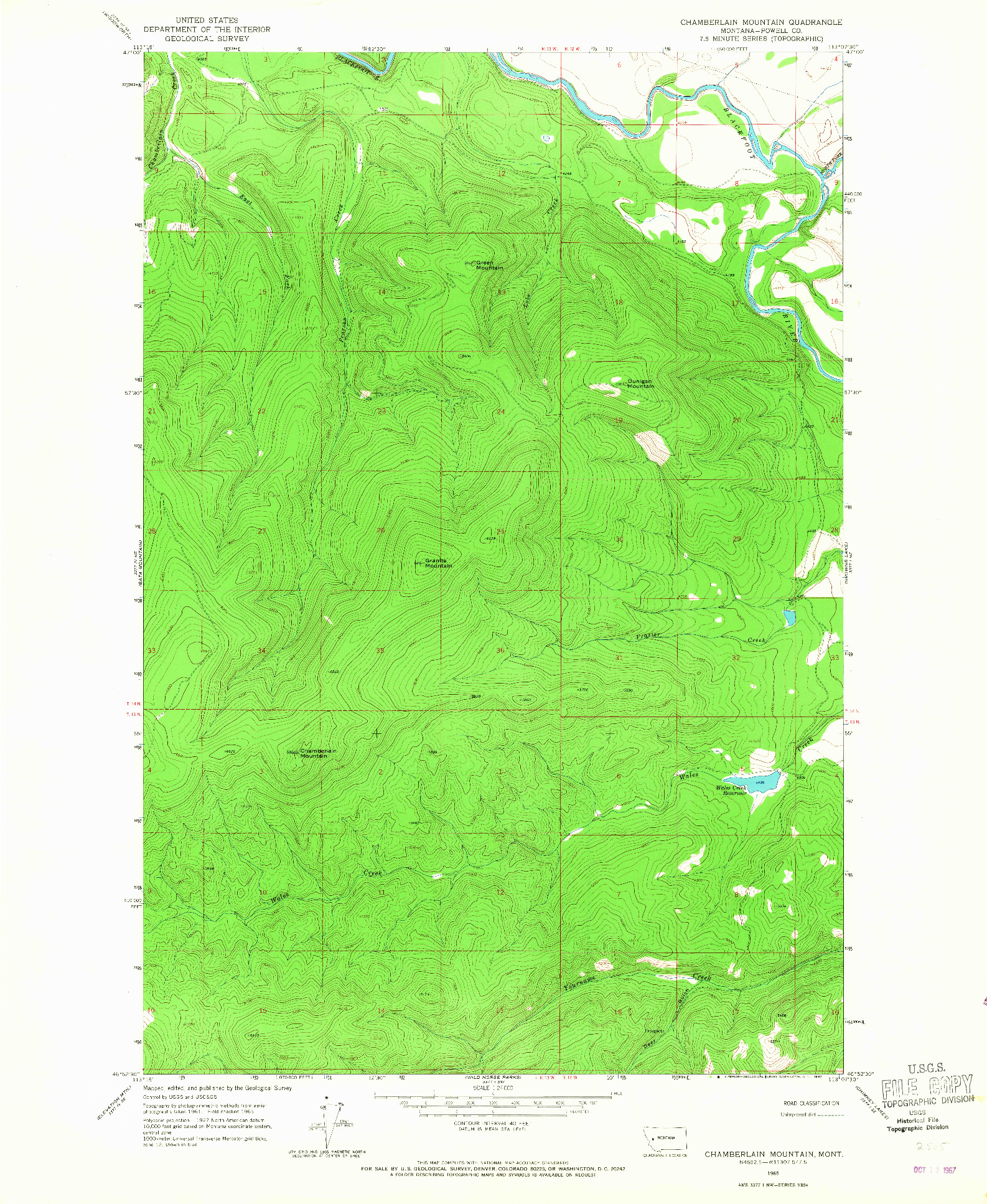 USGS 1:24000-SCALE QUADRANGLE FOR CHAMBERLAIN MOUNTAIN, MT 1965