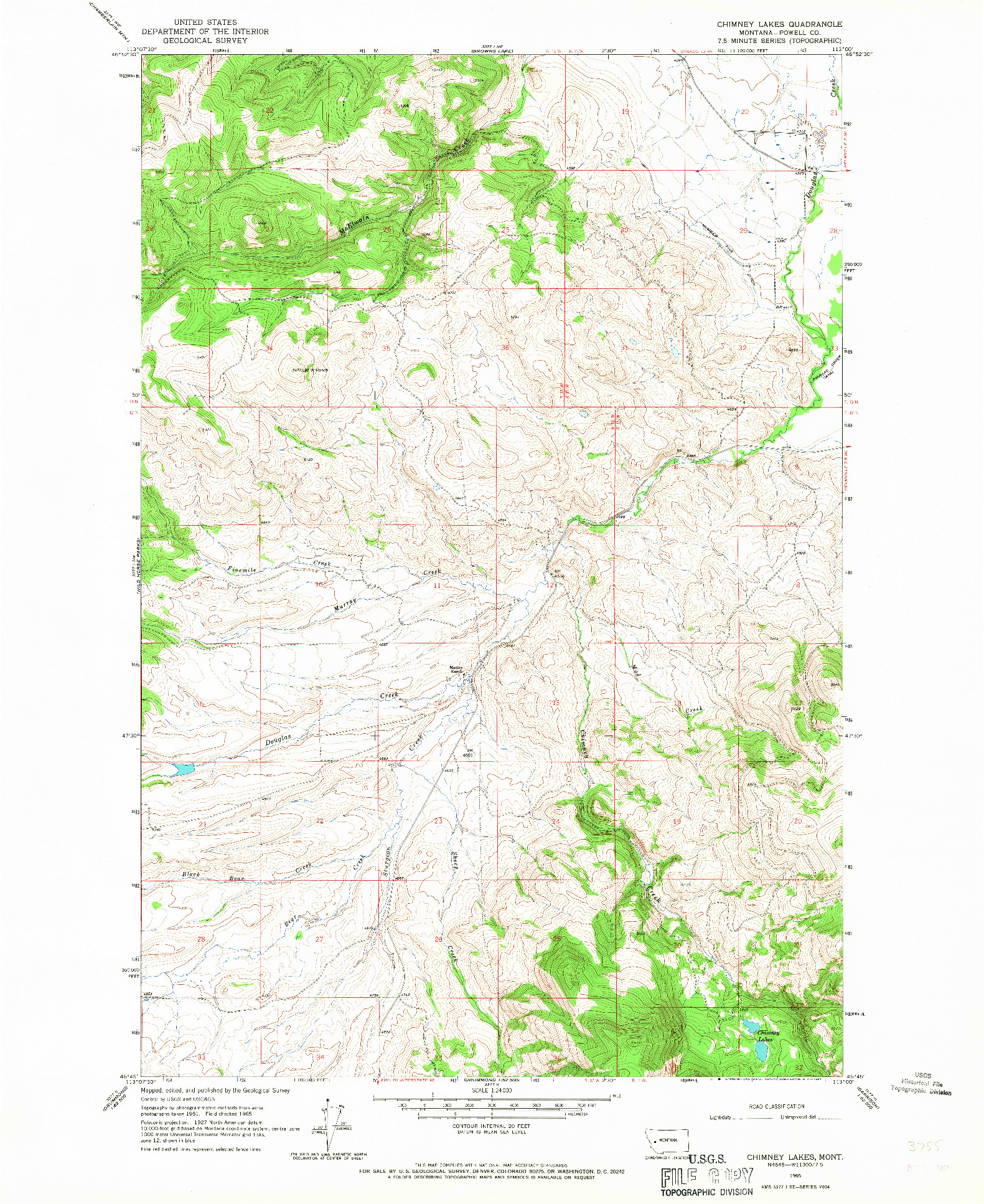 USGS 1:24000-SCALE QUADRANGLE FOR CHIMNEY LAKES, MT 1965