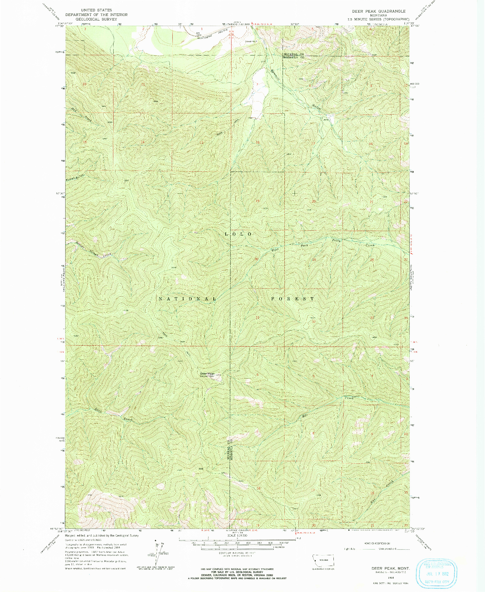 USGS 1:24000-SCALE QUADRANGLE FOR DEER PEAK, MT 1964