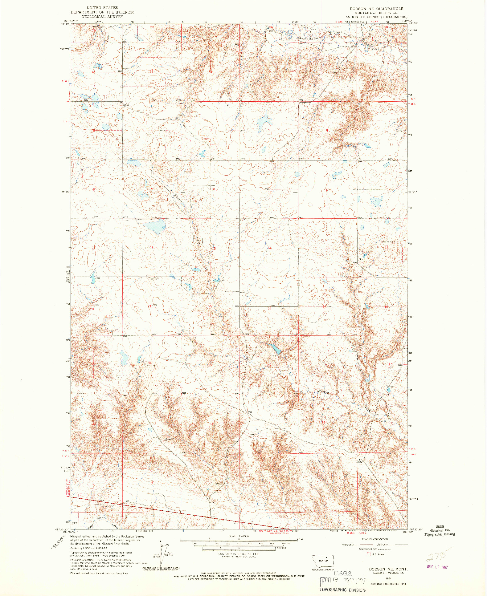 USGS 1:24000-SCALE QUADRANGLE FOR DODSON NE, MT 1964