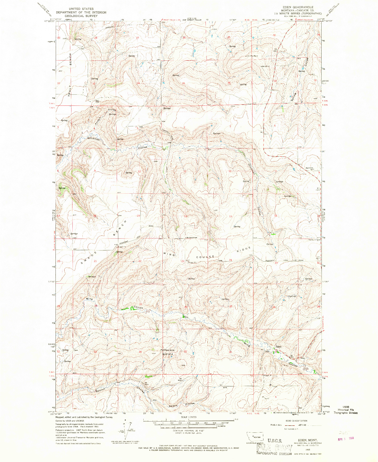 USGS 1:24000-SCALE QUADRANGLE FOR EDEN, MT 1965