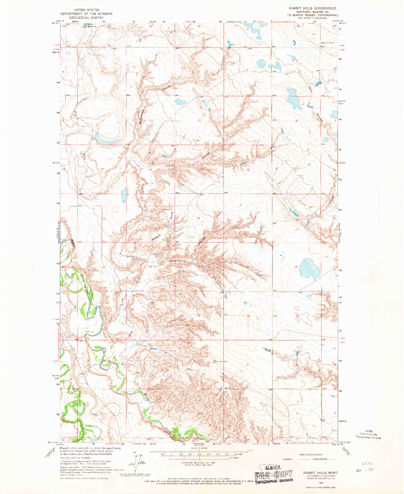 USGS 1:24000-SCALE QUADRANGLE FOR RABBIT HILLS, MT 1964