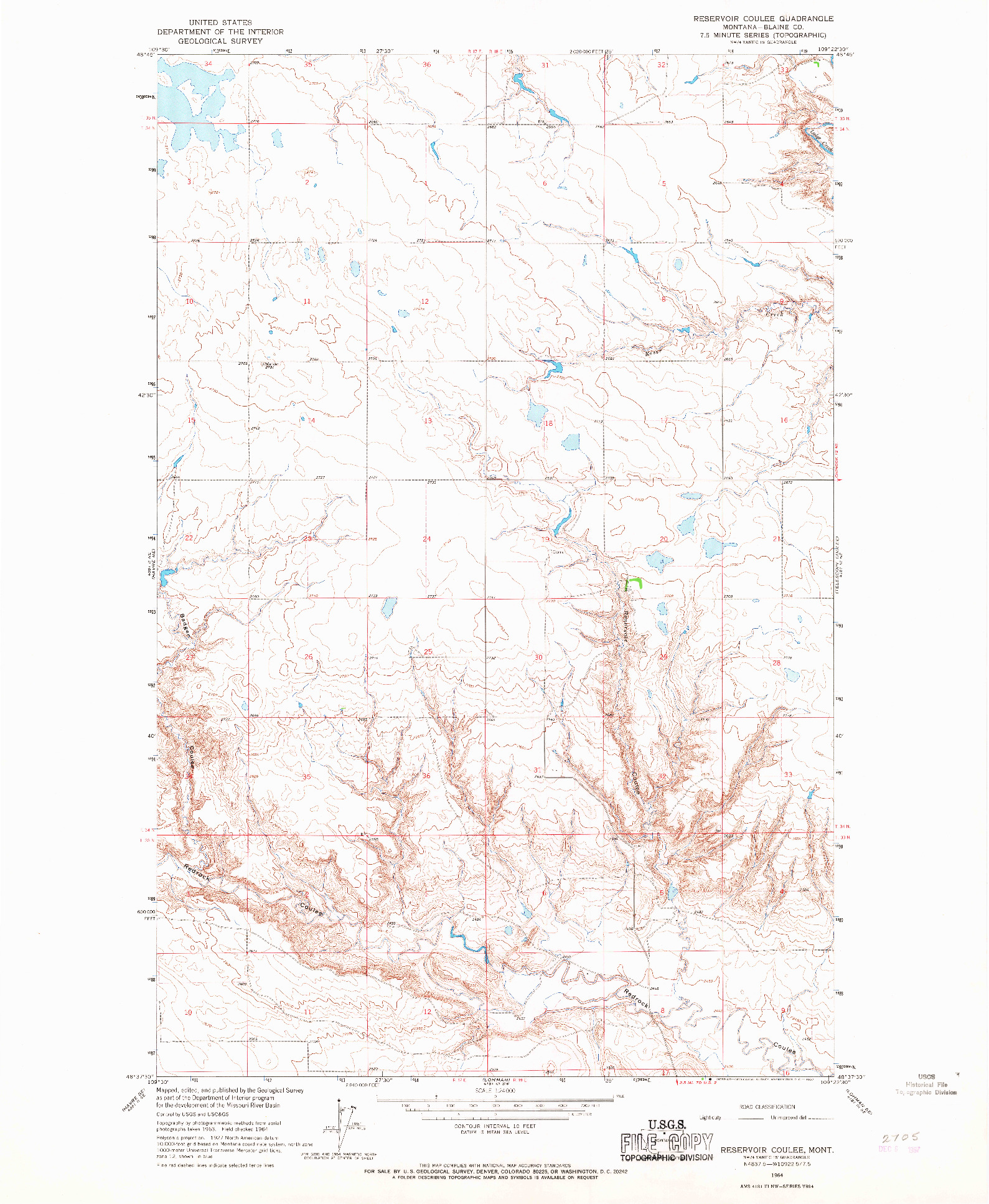 USGS 1:24000-SCALE QUADRANGLE FOR RESERVOIR COULEE, MT 1964