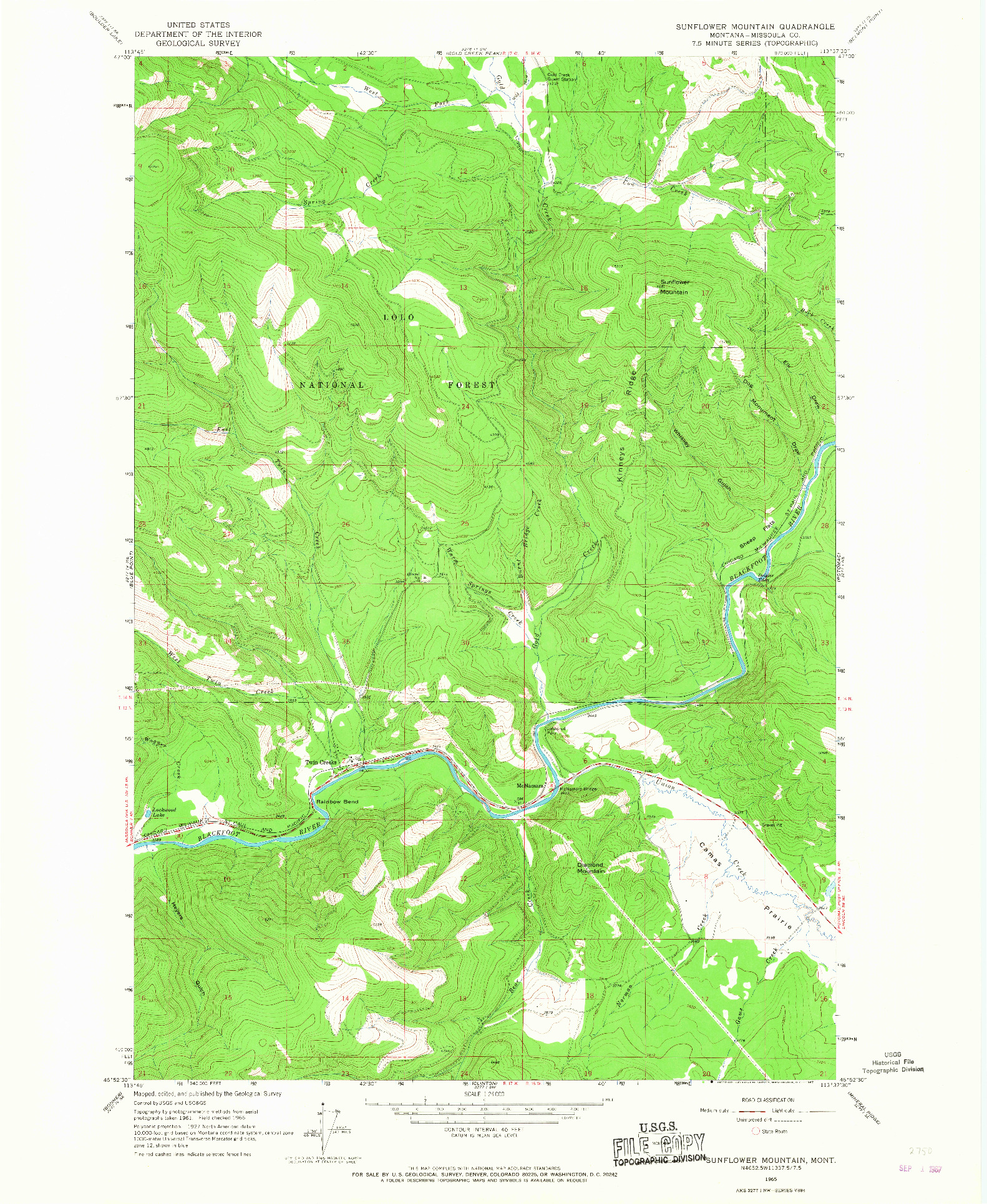 USGS 1:24000-SCALE QUADRANGLE FOR SUNFLOWER MOUNTAIN, MT 1965