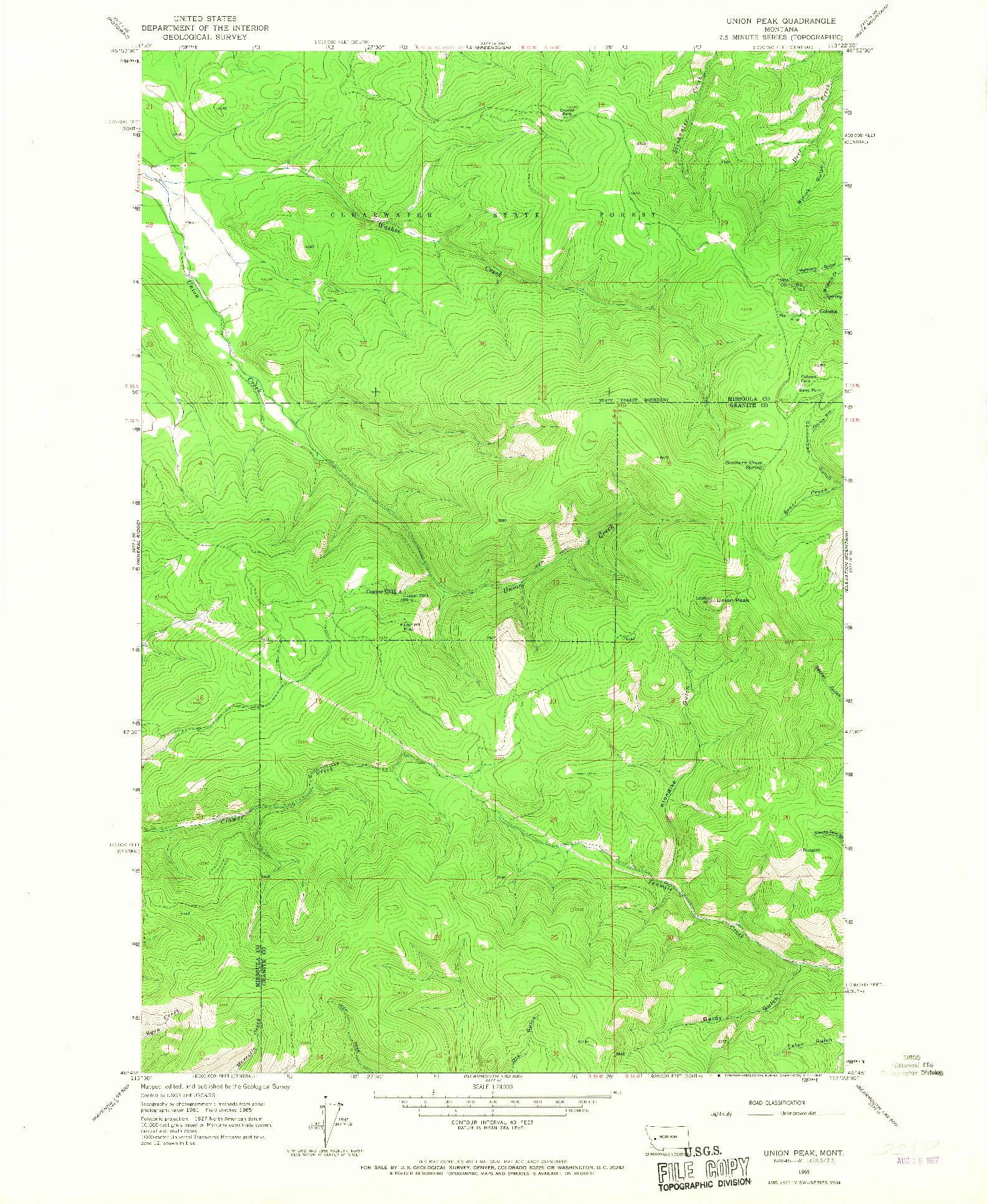 USGS 1:24000-SCALE QUADRANGLE FOR UNION PEAK, MT 1965