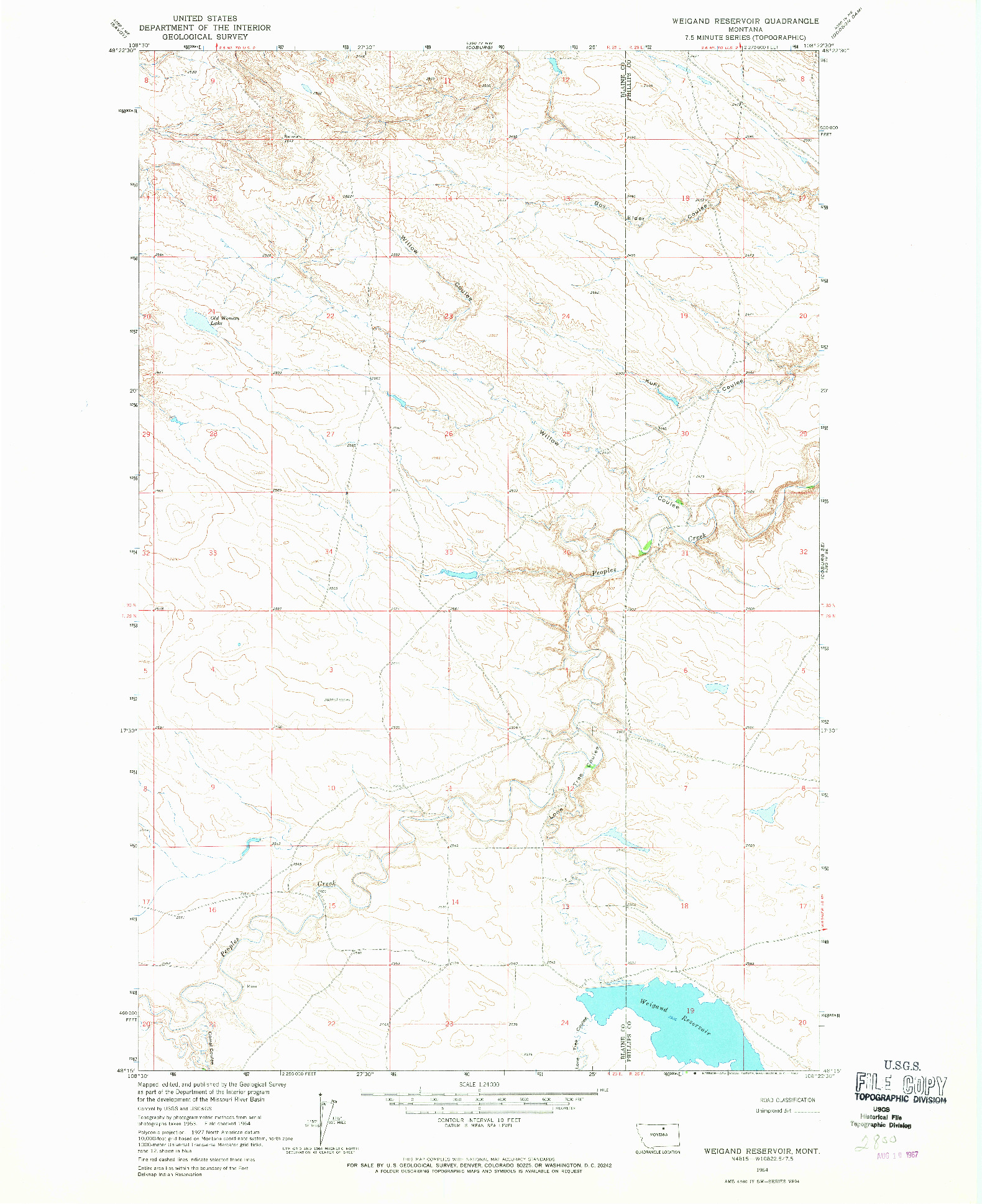 USGS 1:24000-SCALE QUADRANGLE FOR WEIGAND RESERVOIR, MT 1964