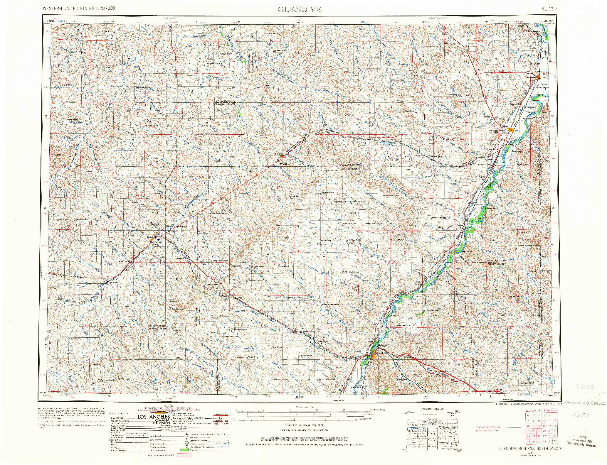 USGS 1:250000-SCALE QUADRANGLE FOR GLENDIVE, MT 1954