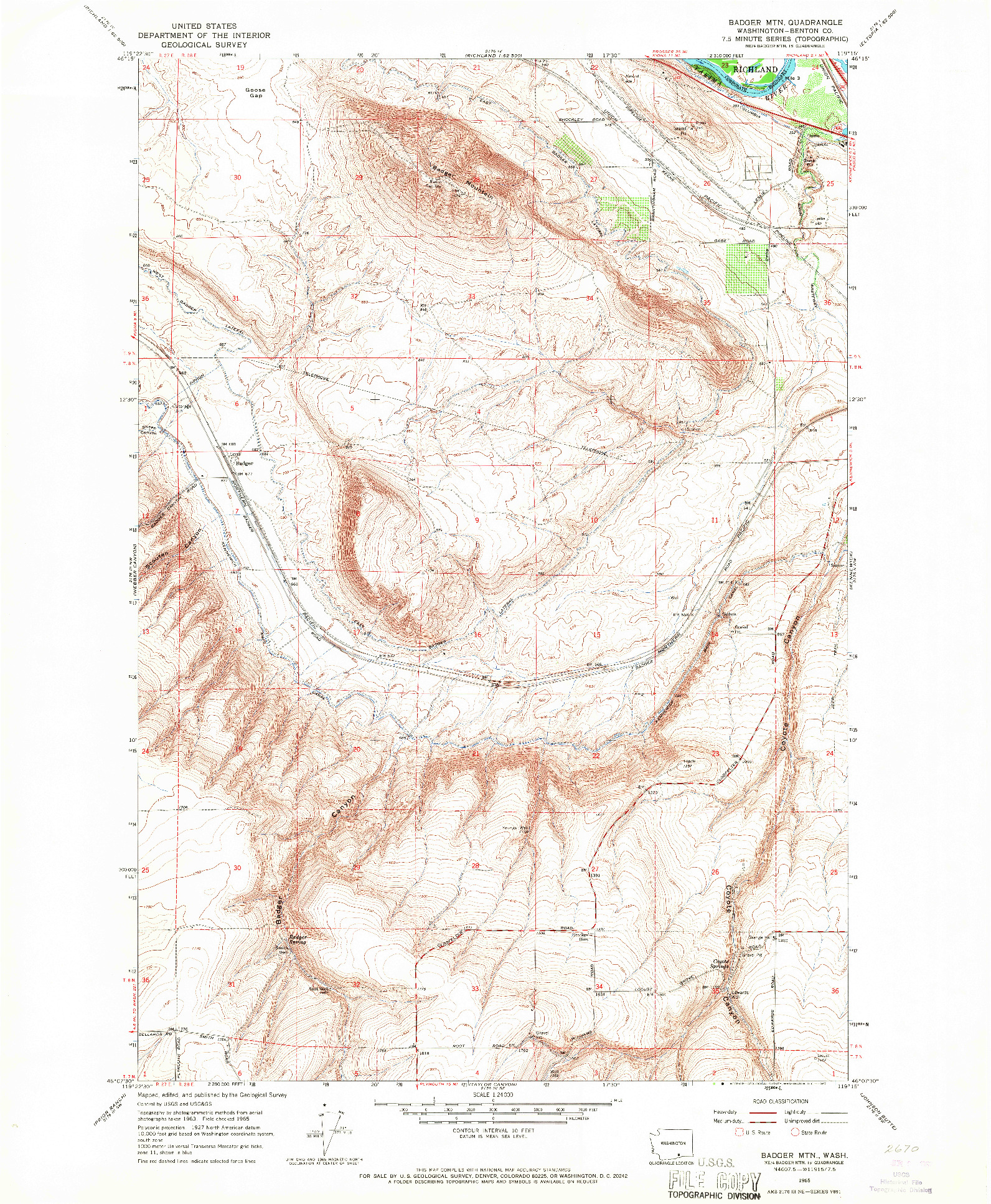 USGS 1:24000-SCALE QUADRANGLE FOR BADGER MTN, WA 1965