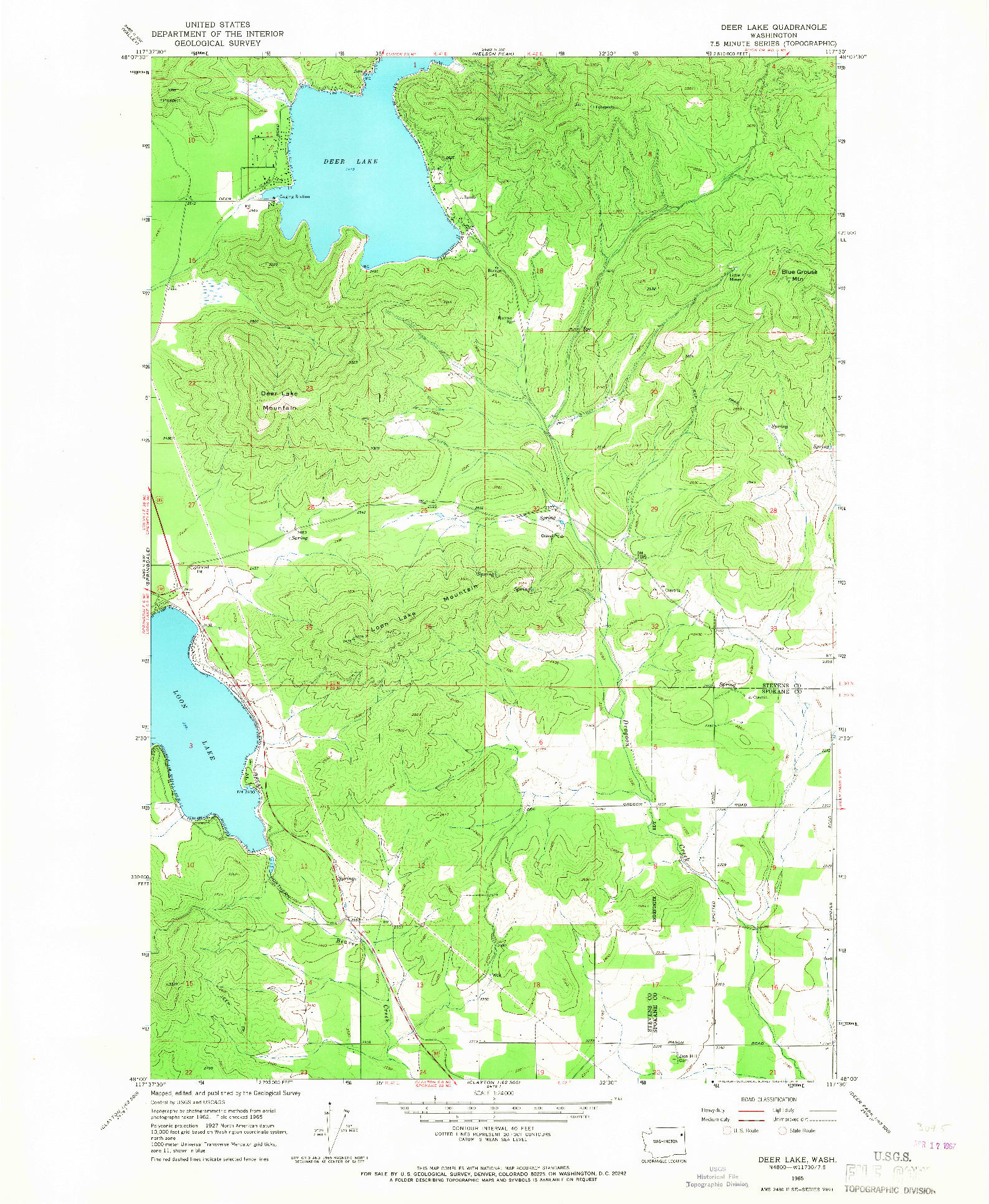 USGS 1:24000-SCALE QUADRANGLE FOR DEER LAKE, WA 1965