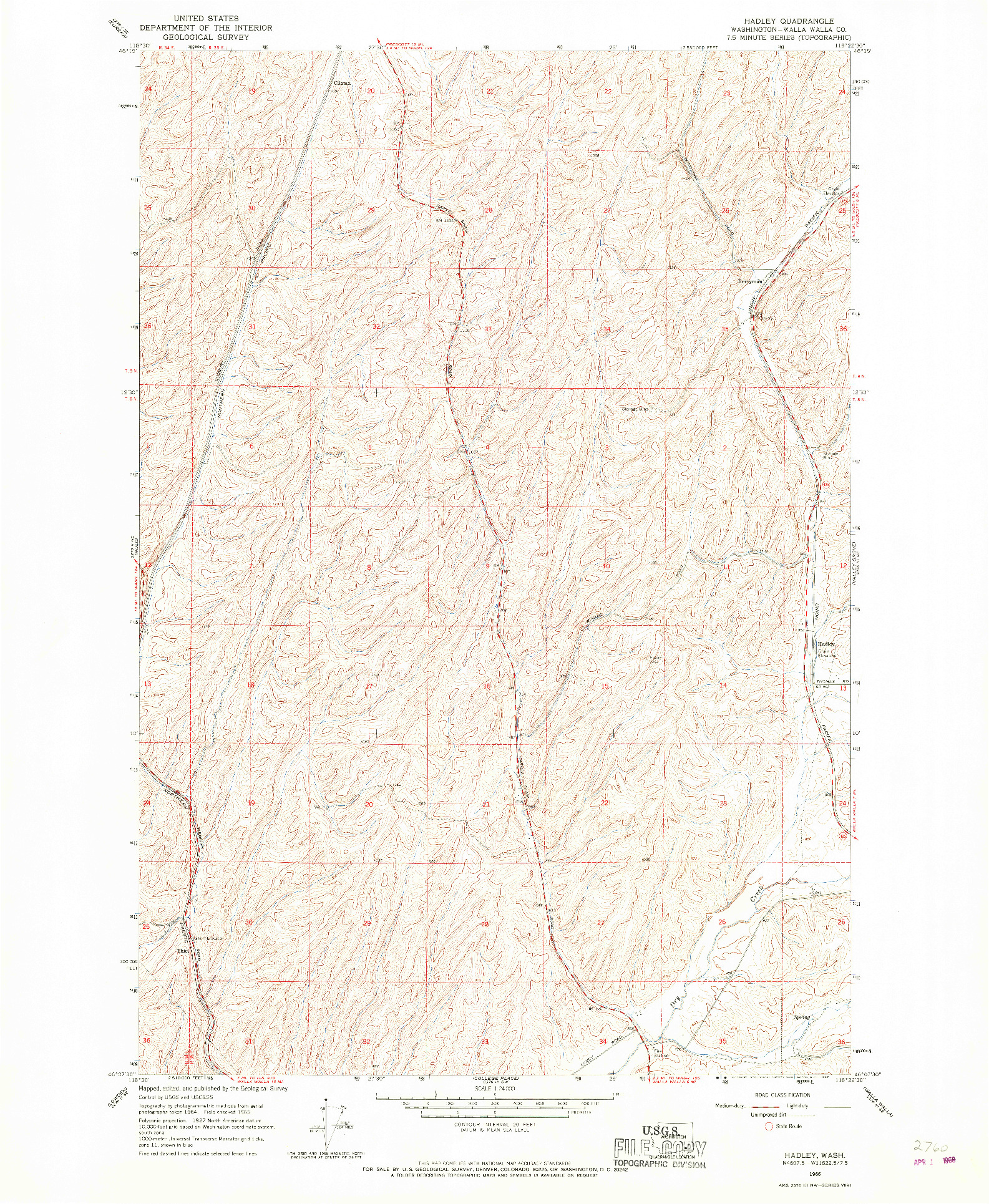 USGS 1:24000-SCALE QUADRANGLE FOR HADLEY, WA 1966