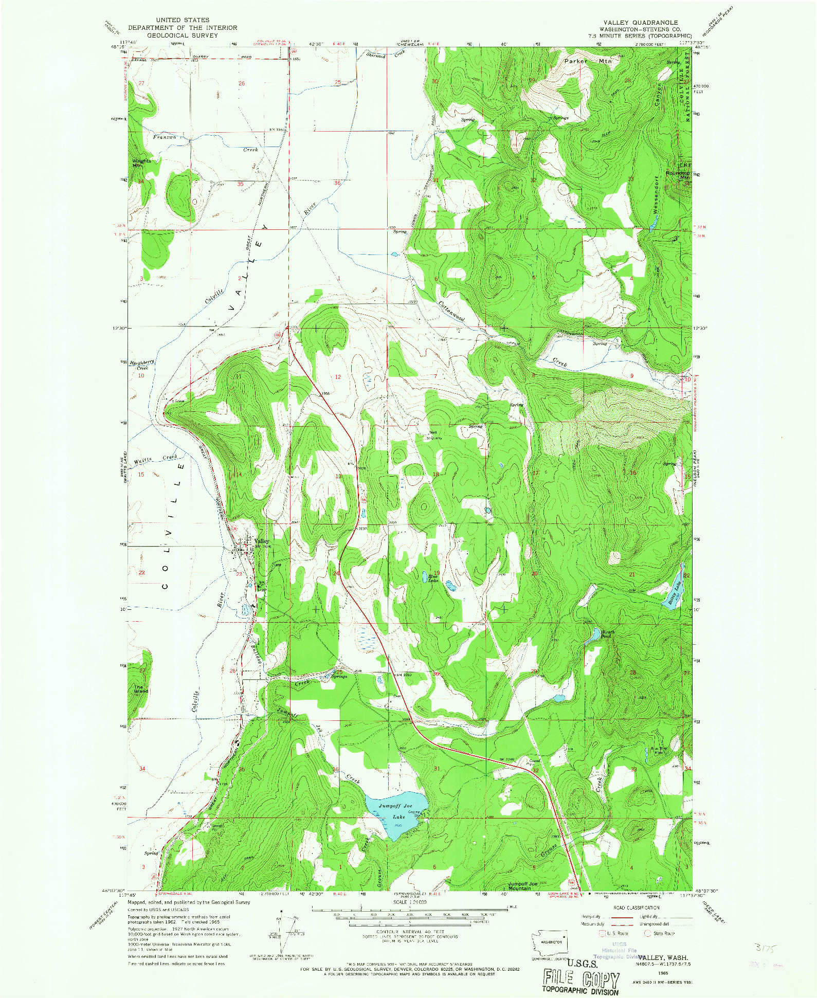 USGS 1:24000-SCALE QUADRANGLE FOR VALLEY, WA 1965