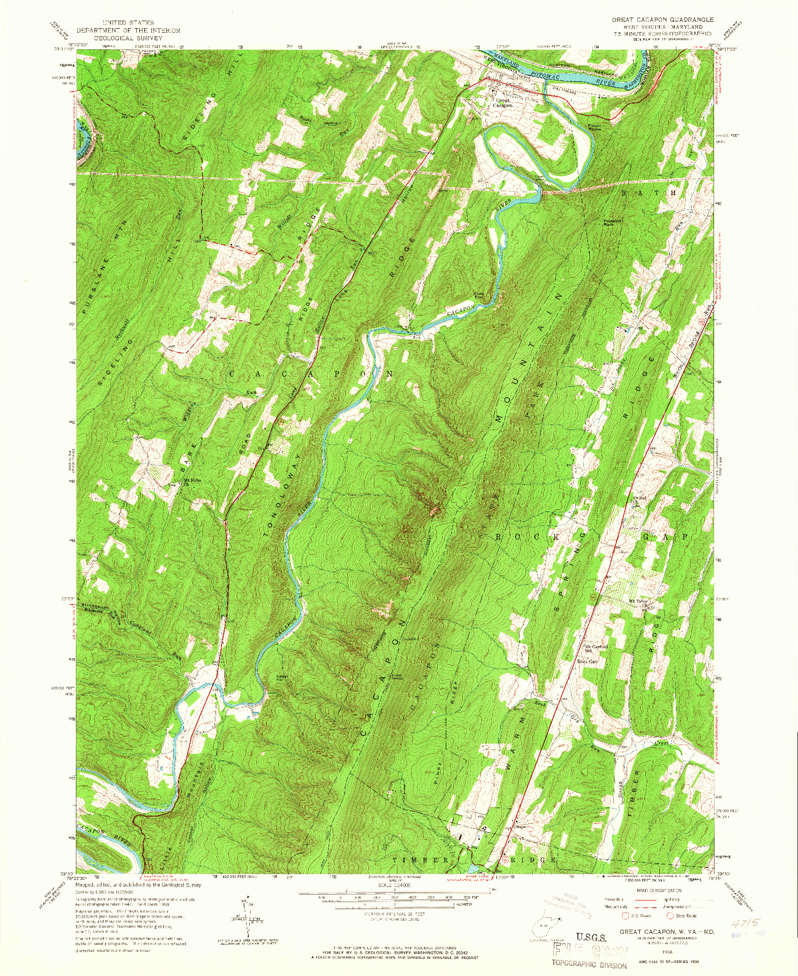 USGS 1:24000-SCALE QUADRANGLE FOR GREAT CACAPON, WV 1958