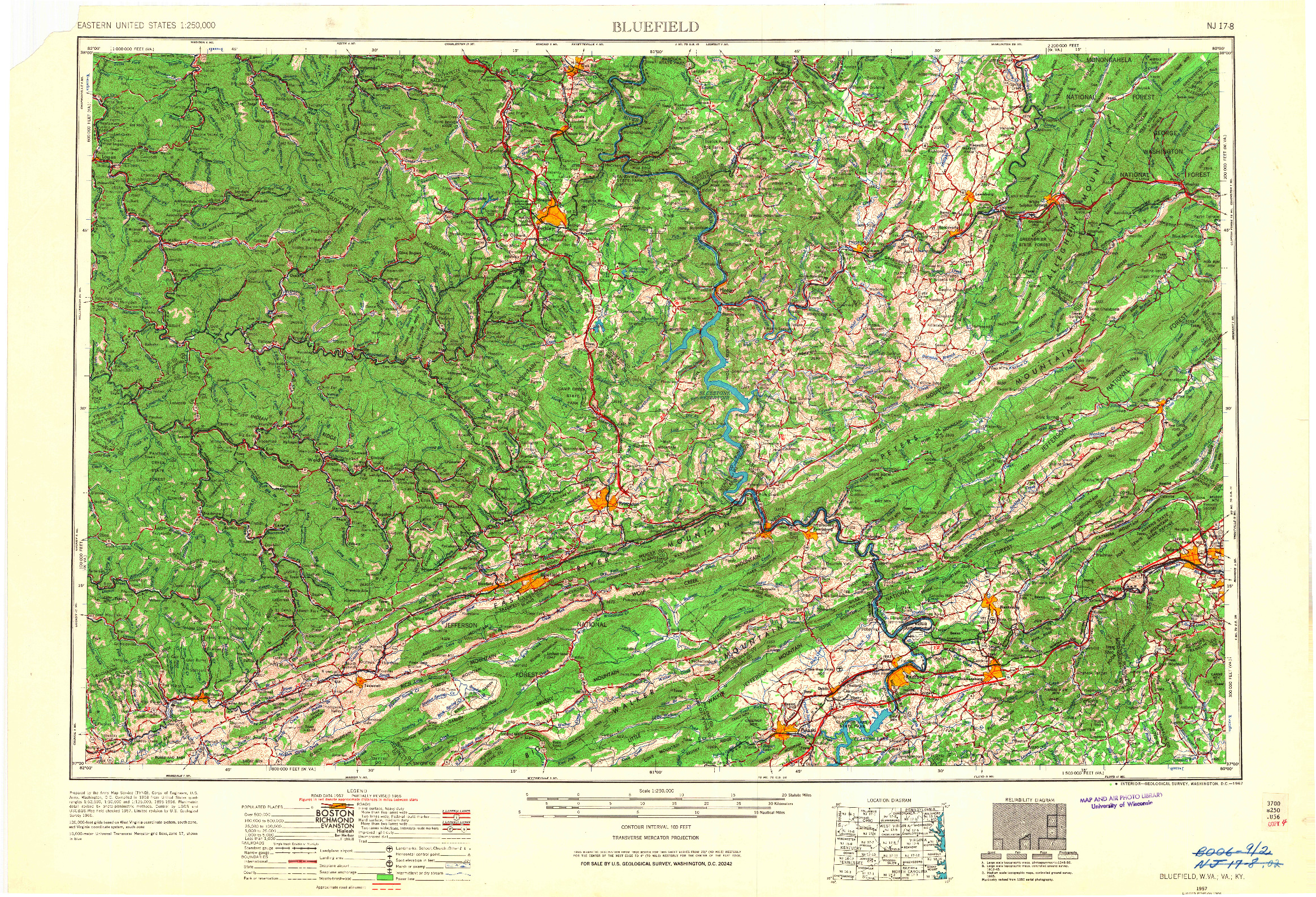 USGS 1:250000-SCALE QUADRANGLE FOR BLUEFIELD, WV 1957