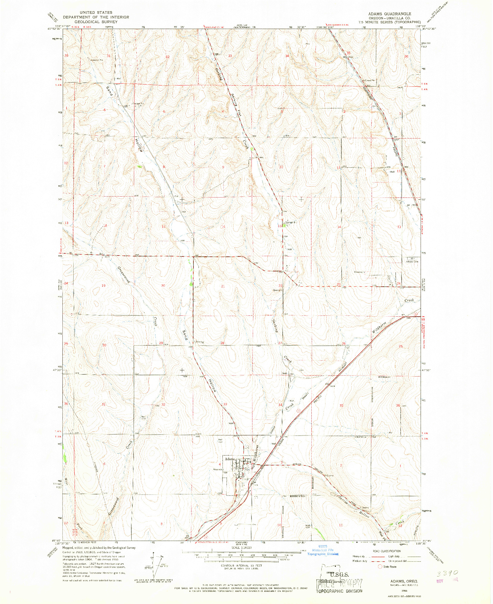 USGS 1:24000-SCALE QUADRANGLE FOR ADAMS, OR 1966