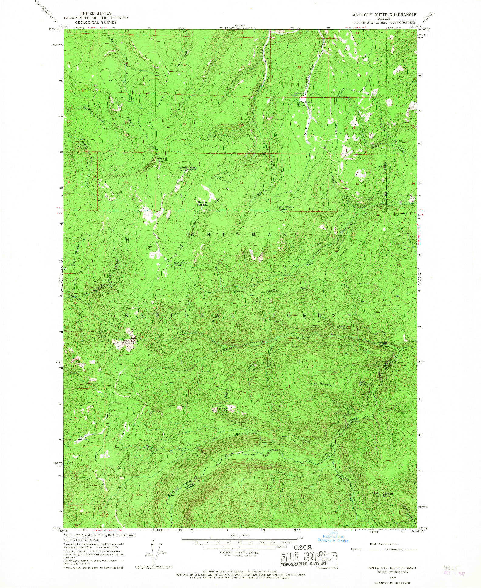 USGS 1:24000-SCALE QUADRANGLE FOR ANTHONY BUTTE, OR 1965