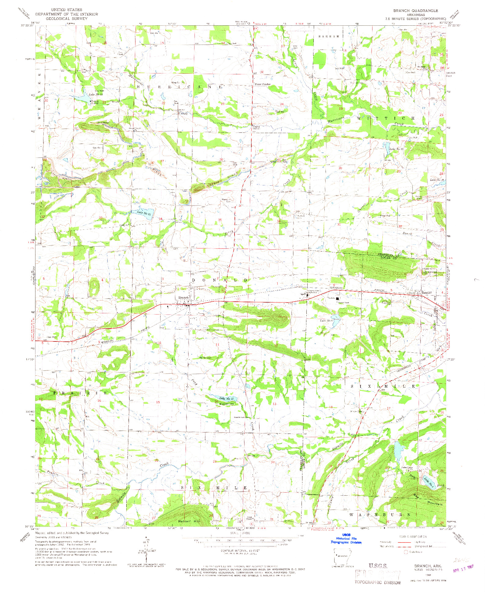 USGS 1:24000-SCALE QUADRANGLE FOR BRANCH, AR 1966