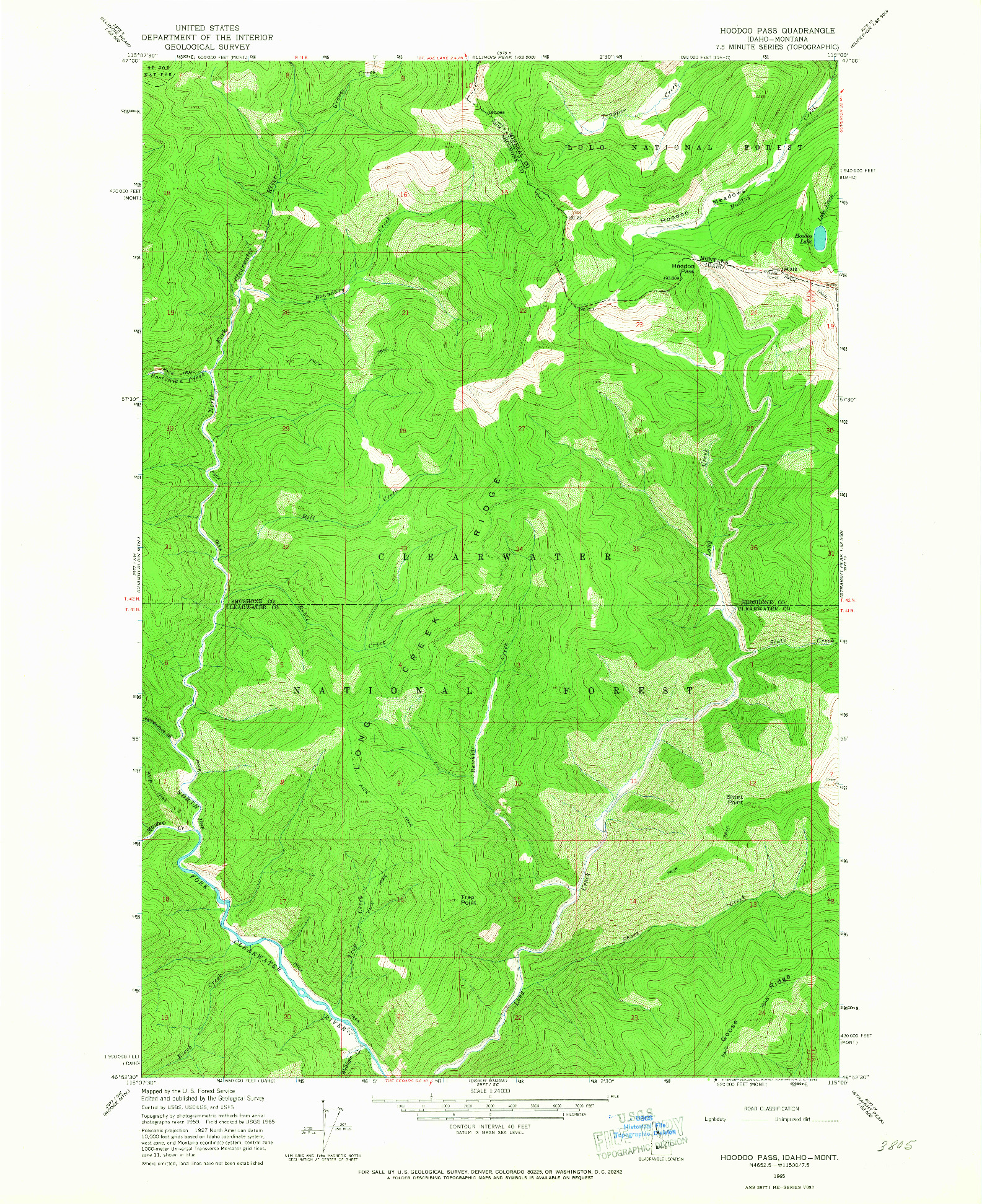 USGS 1:24000-SCALE QUADRANGLE FOR HOODOO PASS, ID 1965