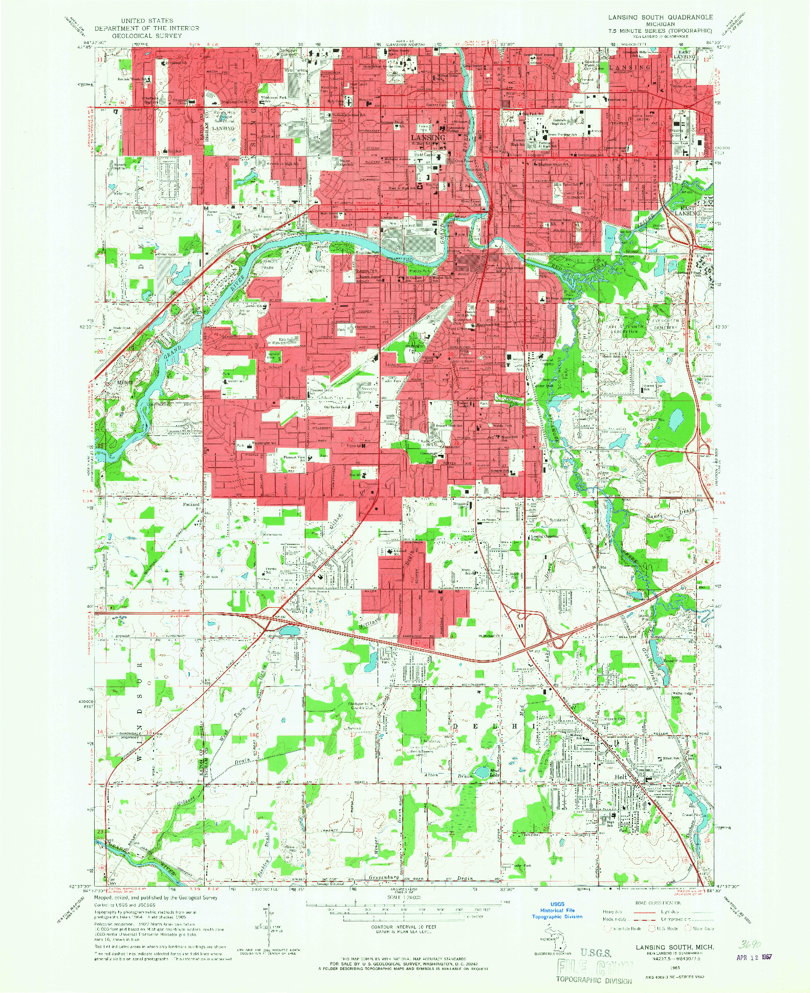 USGS 1:24000-SCALE QUADRANGLE FOR LANSING SOUTH, MI 1965