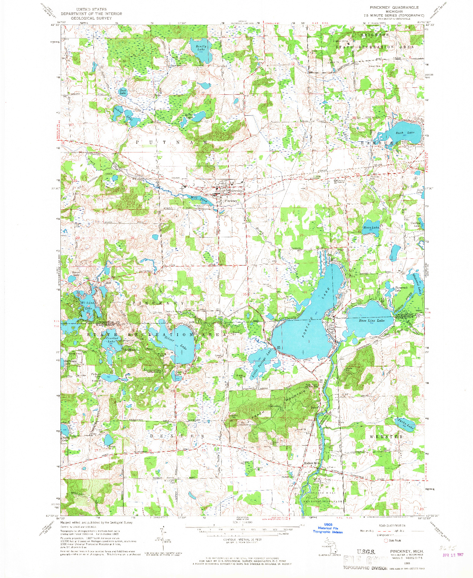 USGS 1:24000-SCALE QUADRANGLE FOR PINCKNEY, MI 1965