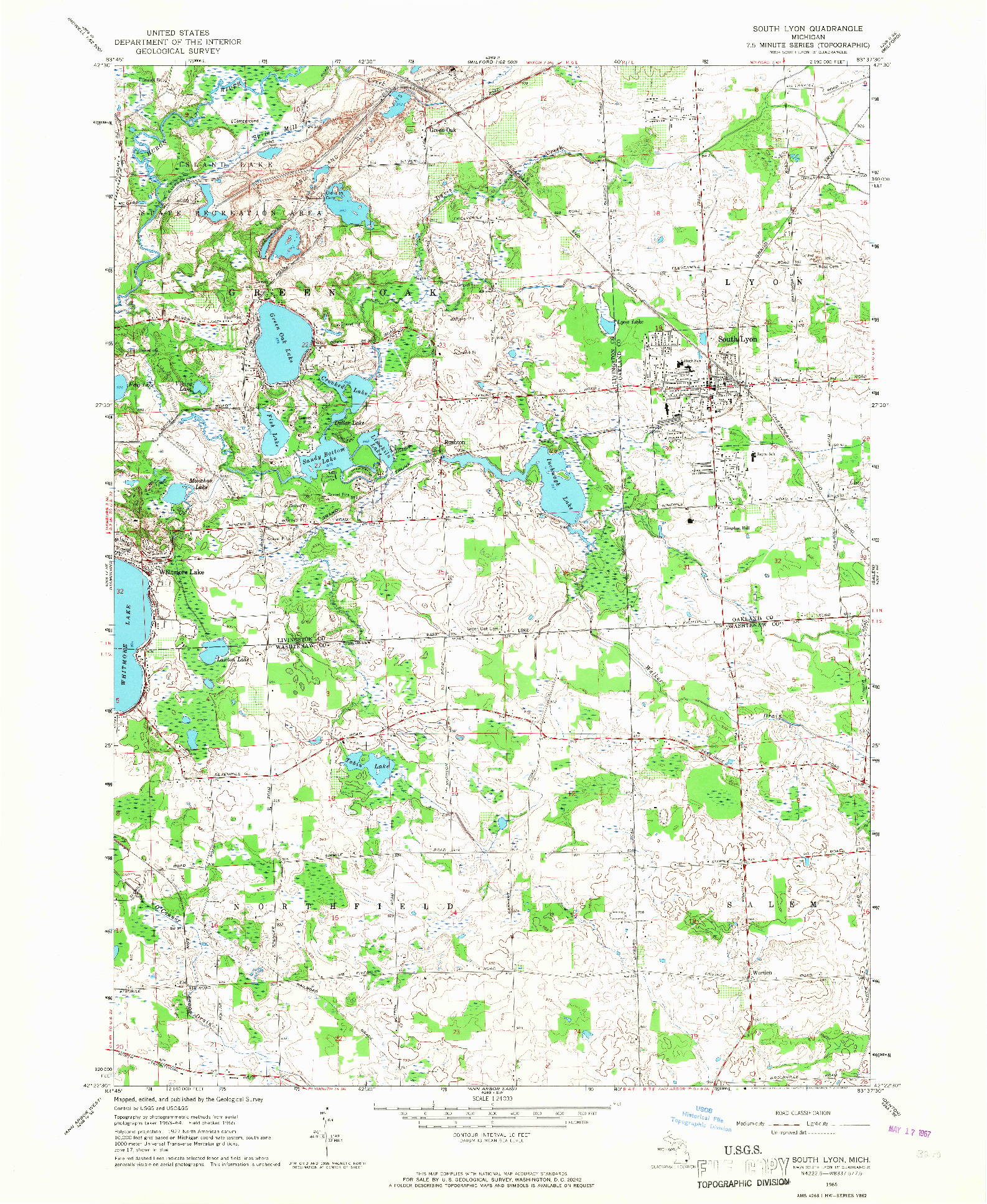 USGS 1:24000-SCALE QUADRANGLE FOR SOUTH LYON, MI 1965