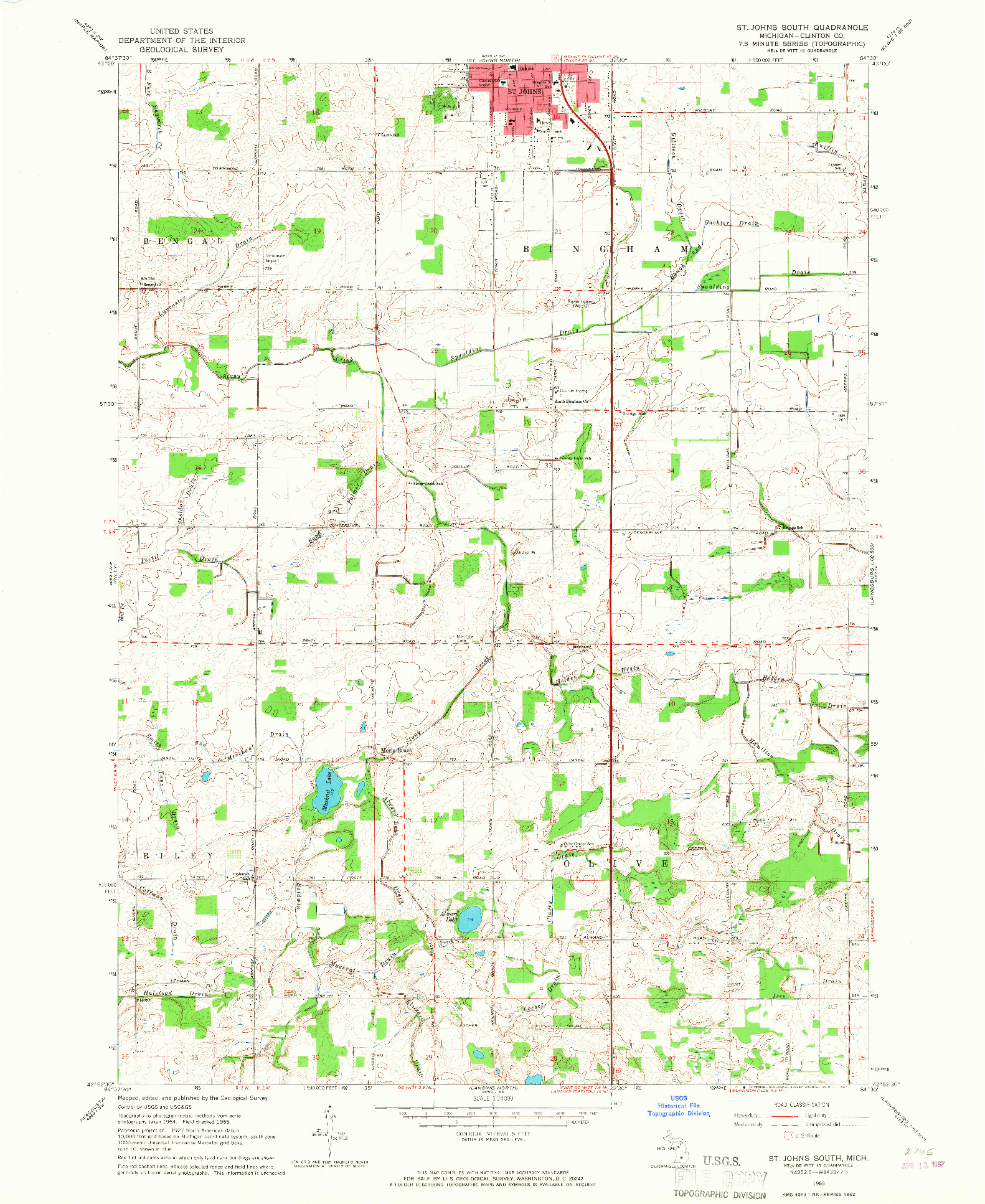 USGS 1:24000-SCALE QUADRANGLE FOR ST. JOHNS SOUTH, MI 1965