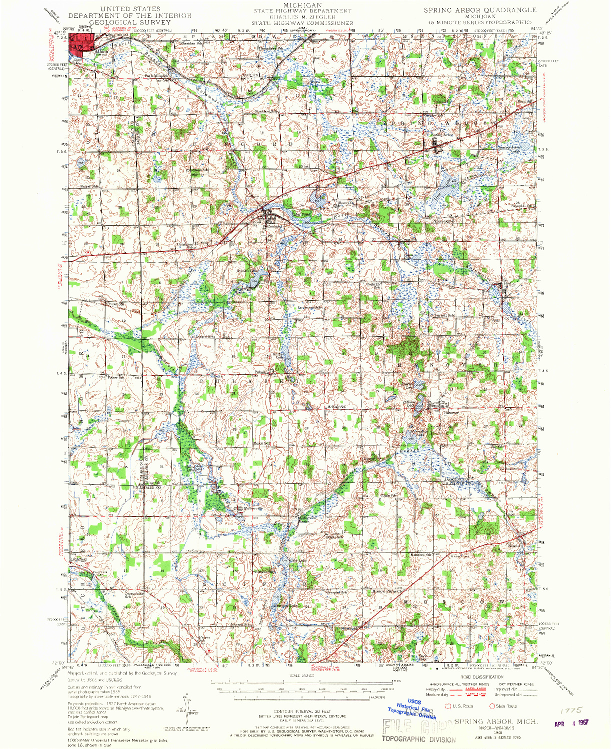 USGS 1:62500-SCALE QUADRANGLE FOR SPRING ARBOR, MI 1948