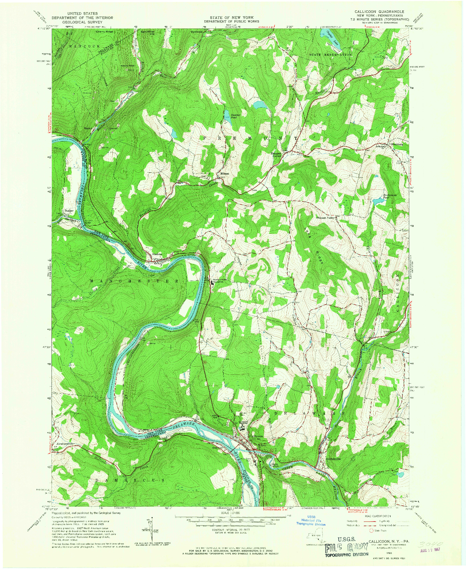 USGS 1:24000-SCALE QUADRANGLE FOR CALLICOON, NY 1965