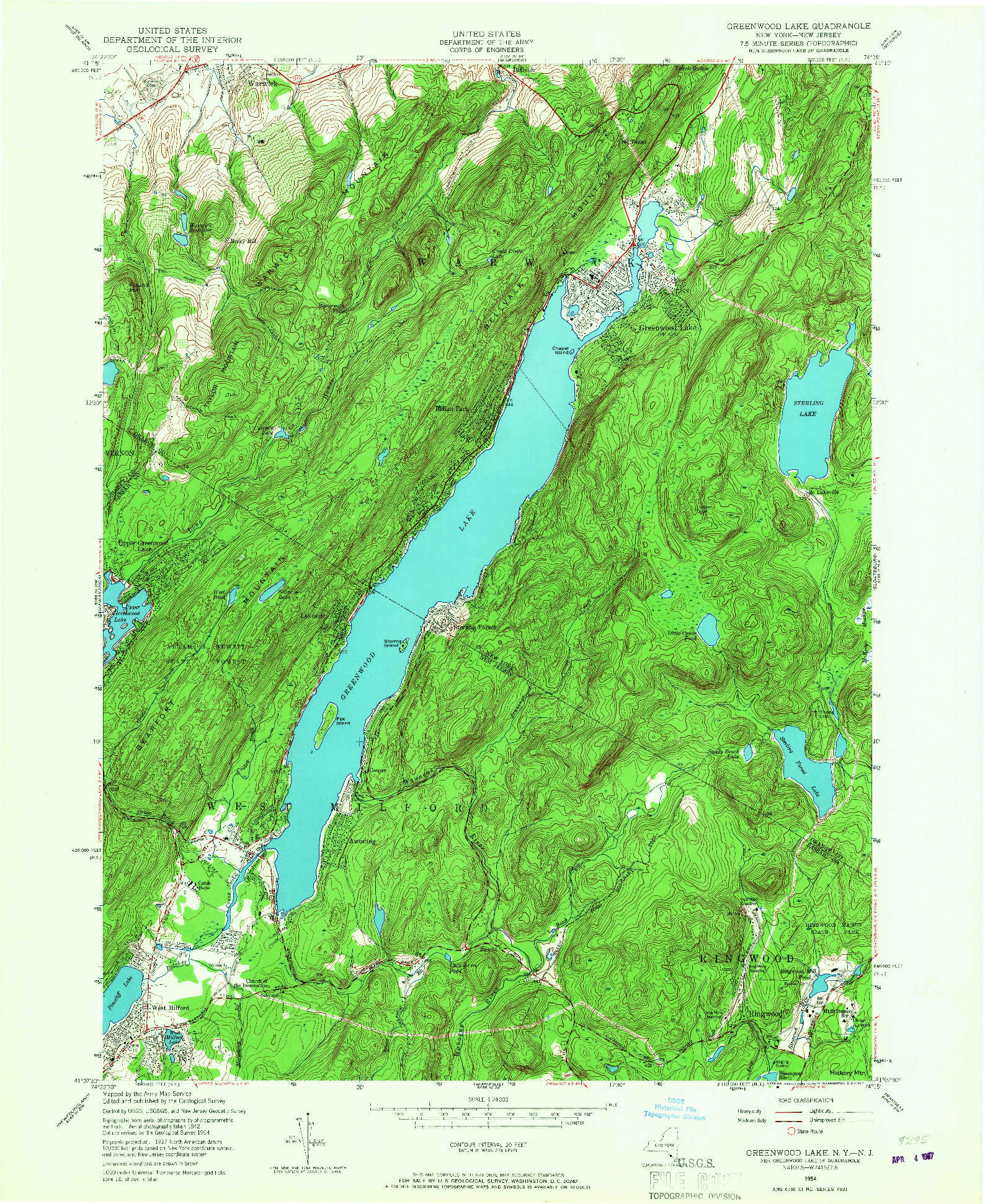 USGS 1:24000-SCALE QUADRANGLE FOR GREENWOOD LAKE, NY 1954