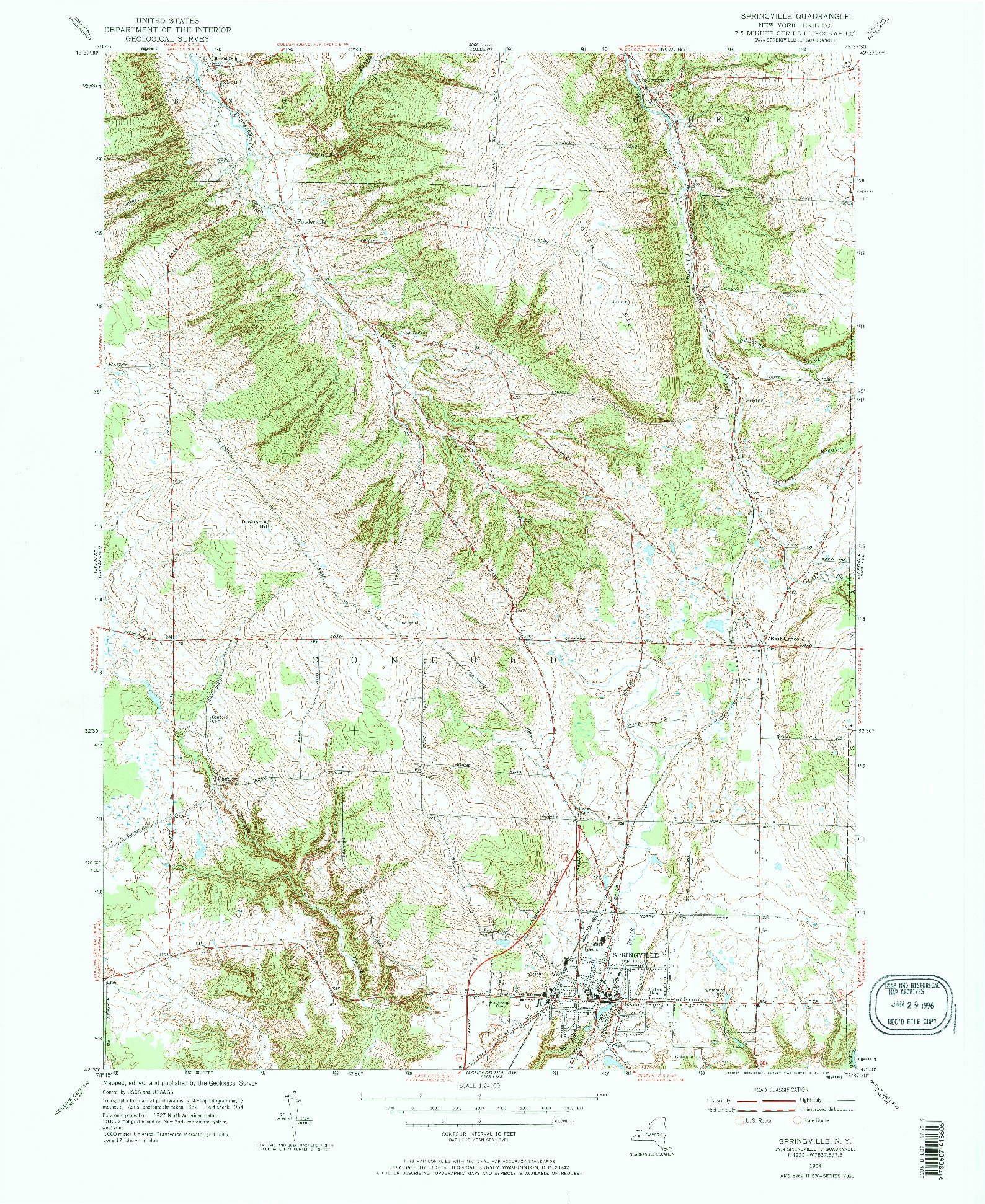 USGS 1:24000-SCALE QUADRANGLE FOR SPRINGVILLE, NY 1954