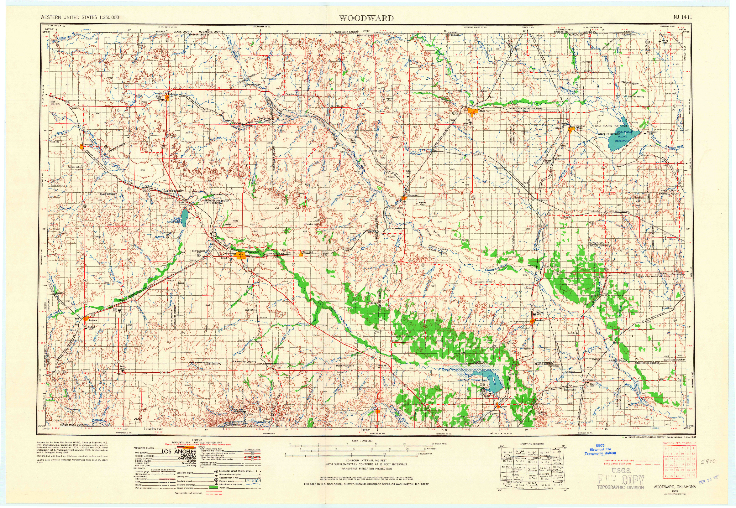 USGS 1:250000-SCALE QUADRANGLE FOR WOODWARD, OK 1955