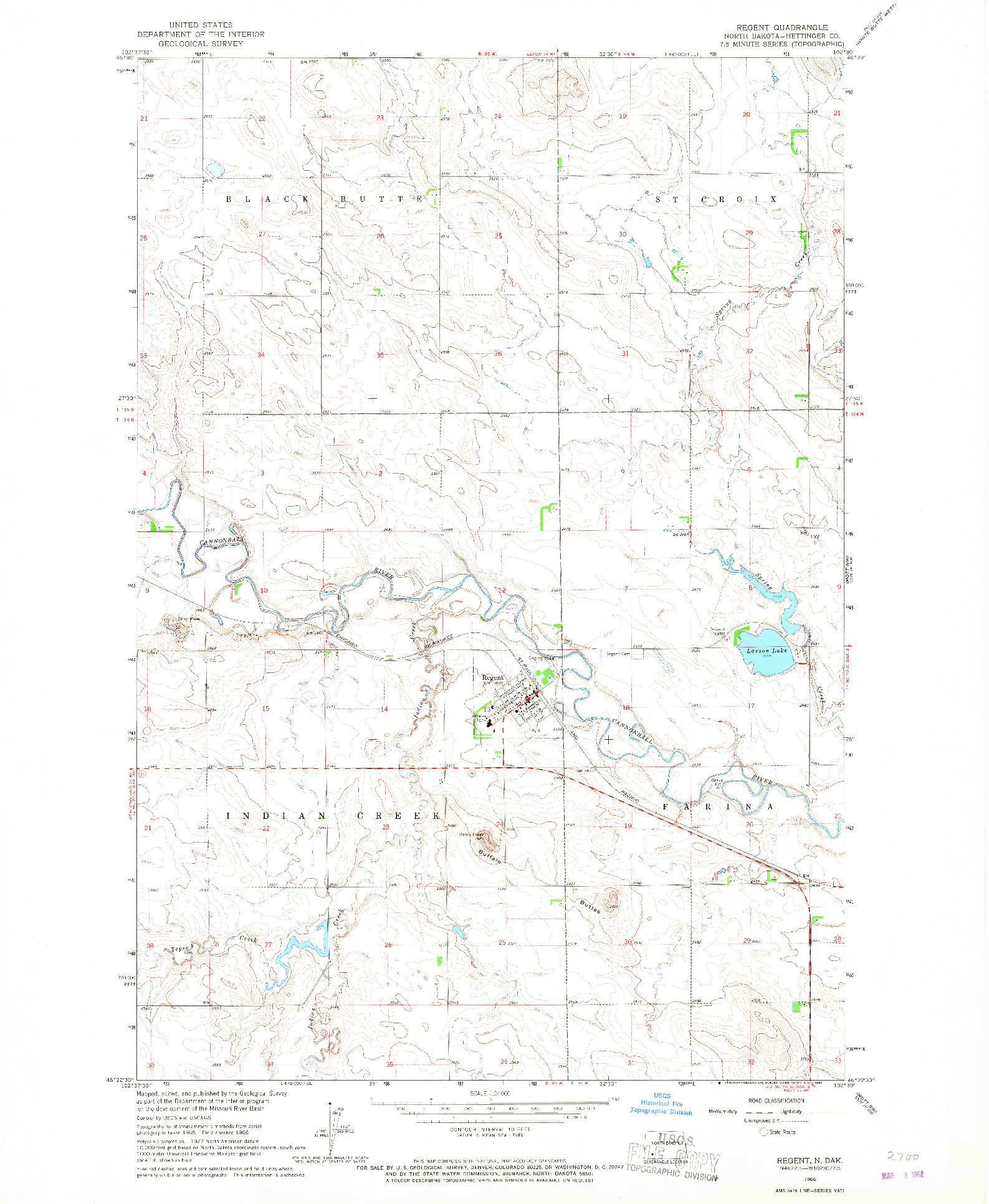 USGS 1:24000-SCALE QUADRANGLE FOR REGENT, ND 1966