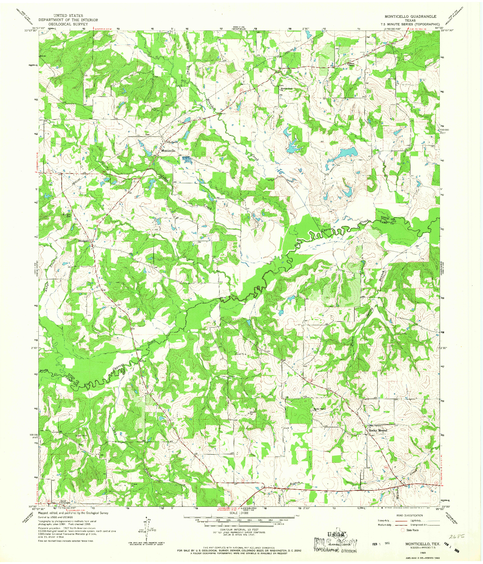 USGS 1:24000-SCALE QUADRANGLE FOR MONTICELLO, TX 1965