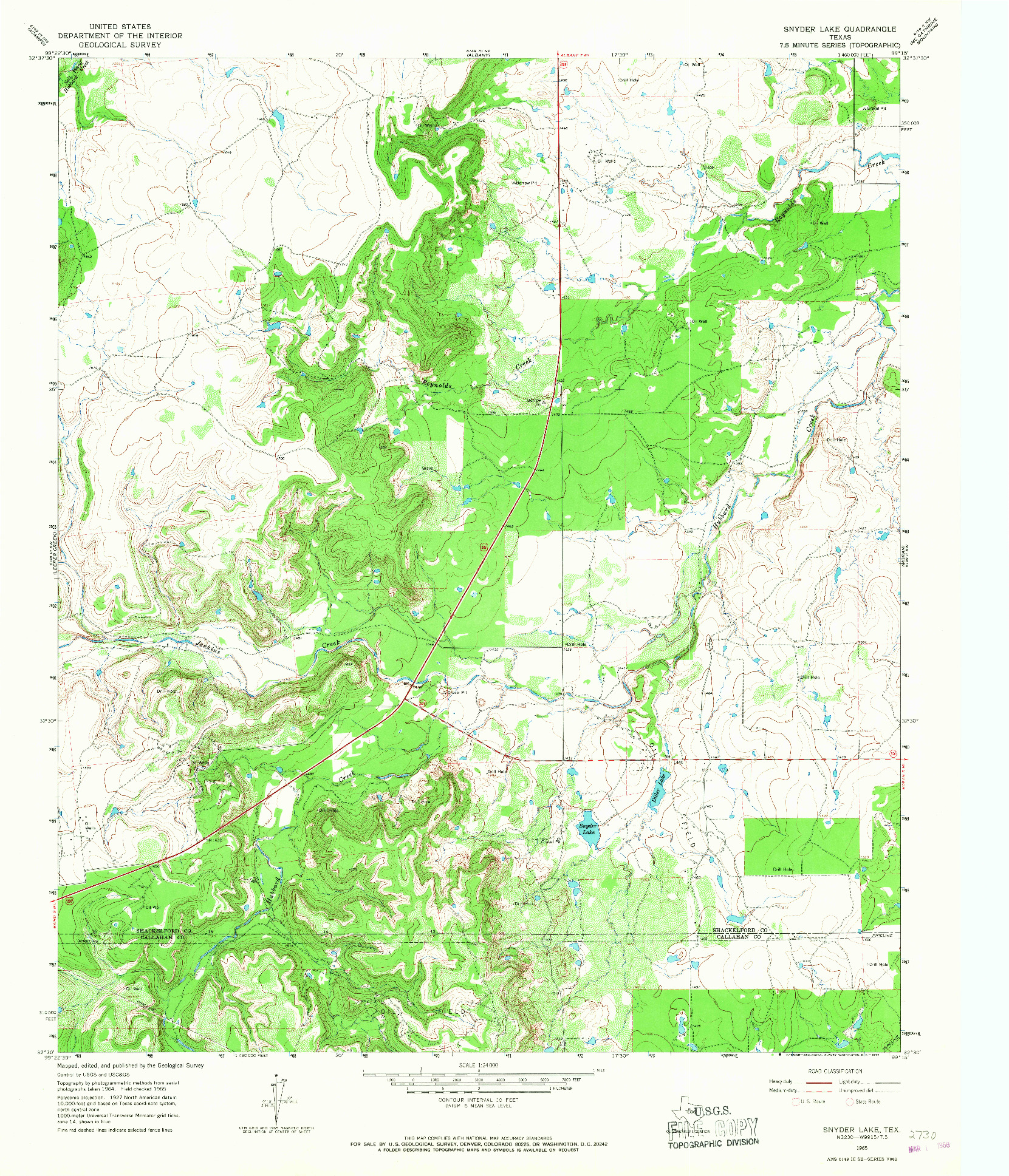 USGS 1:24000-SCALE QUADRANGLE FOR SNYDER LAKE, TX 1965