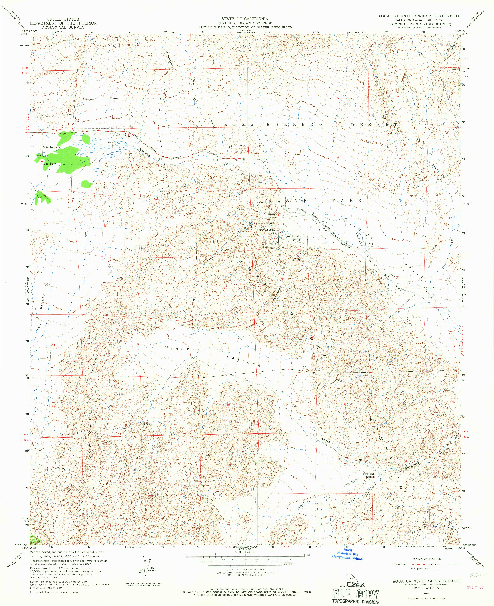 USGS 1:24000-SCALE QUADRANGLE FOR AGUA CALIENTE SPRINGS, CA 1959