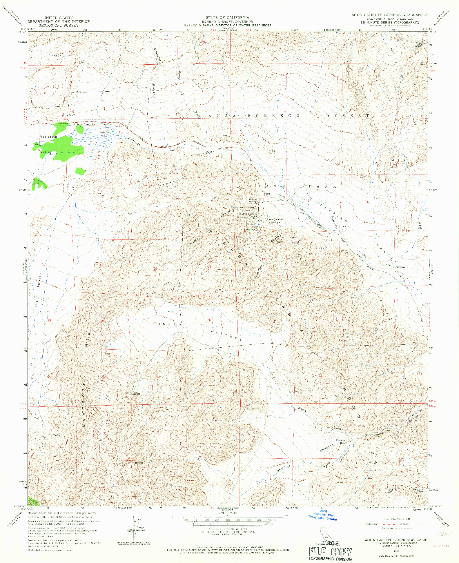 USGS 1:24000-SCALE QUADRANGLE FOR AGUA CALIENTE SPRINGS, CA 1959