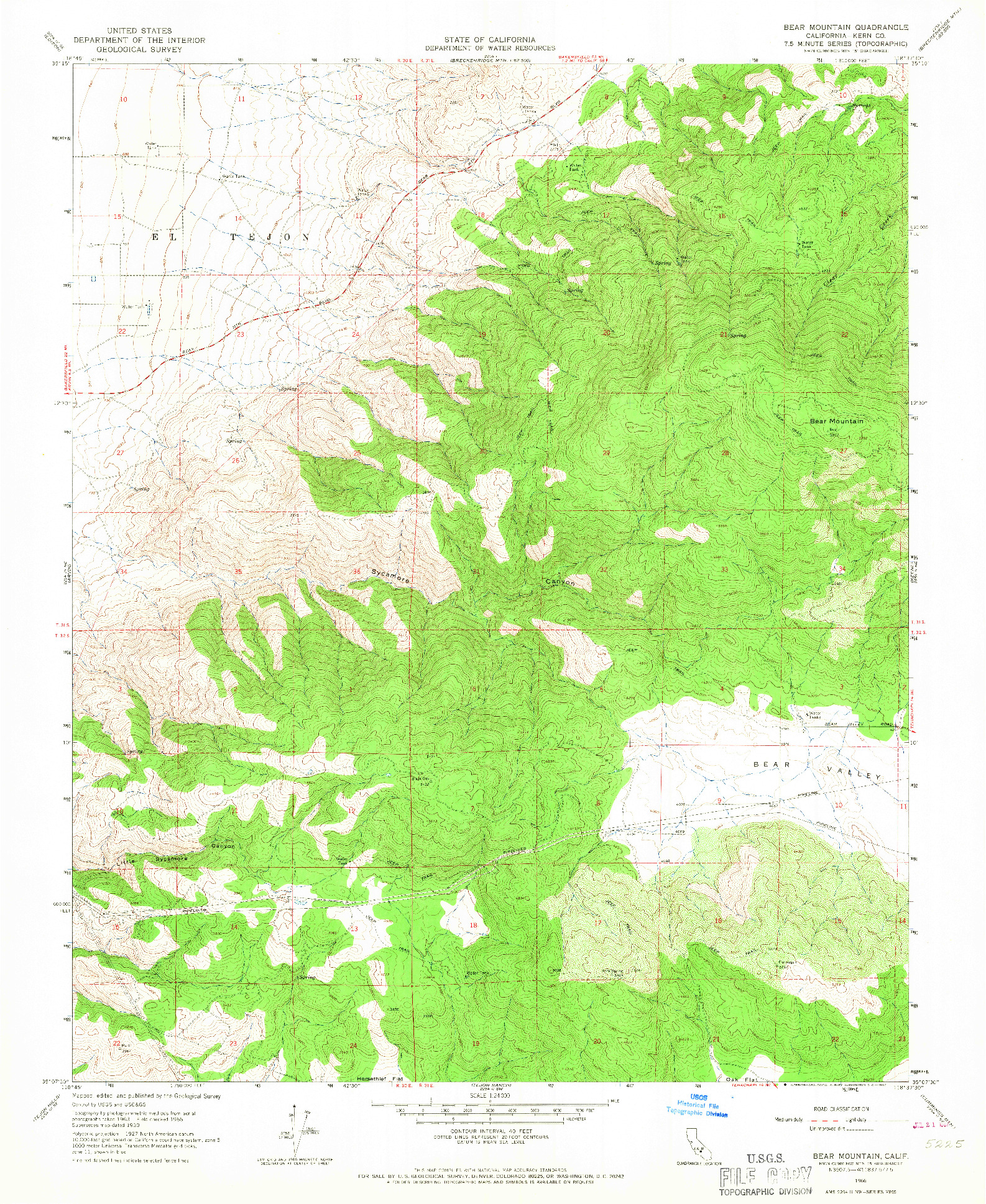 USGS 1:24000-SCALE QUADRANGLE FOR BEAR MOUNTAIN, CA 1966