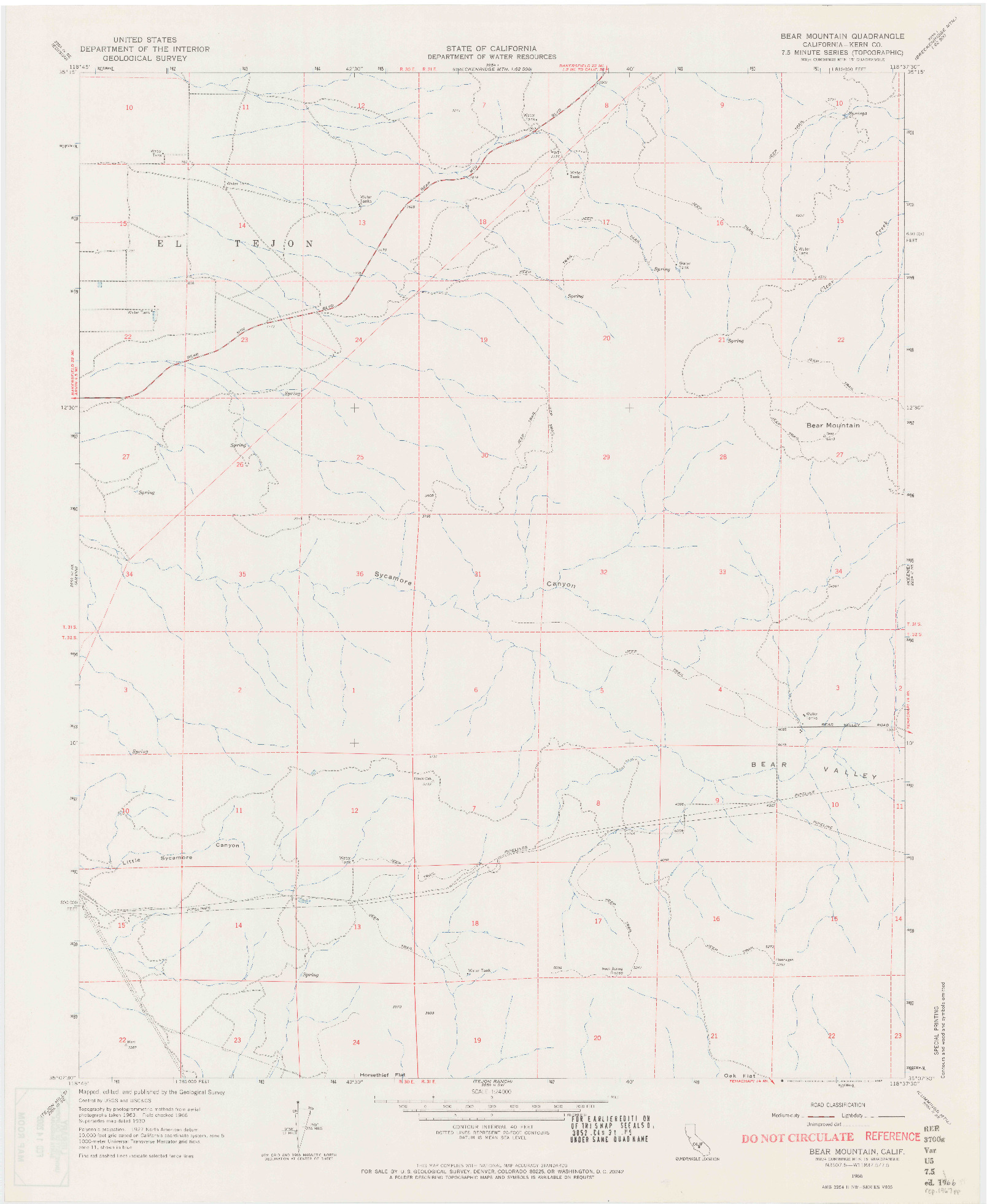 USGS 1:24000-SCALE QUADRANGLE FOR BEAR MOUNTAIN, CA 1966