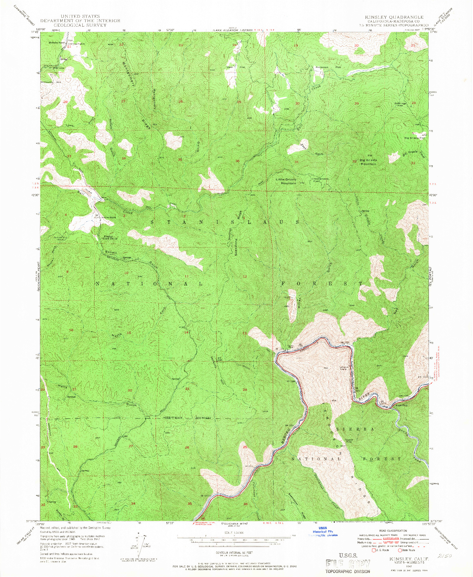USGS 1:24000-SCALE QUADRANGLE FOR KINSLEY, CA 1947