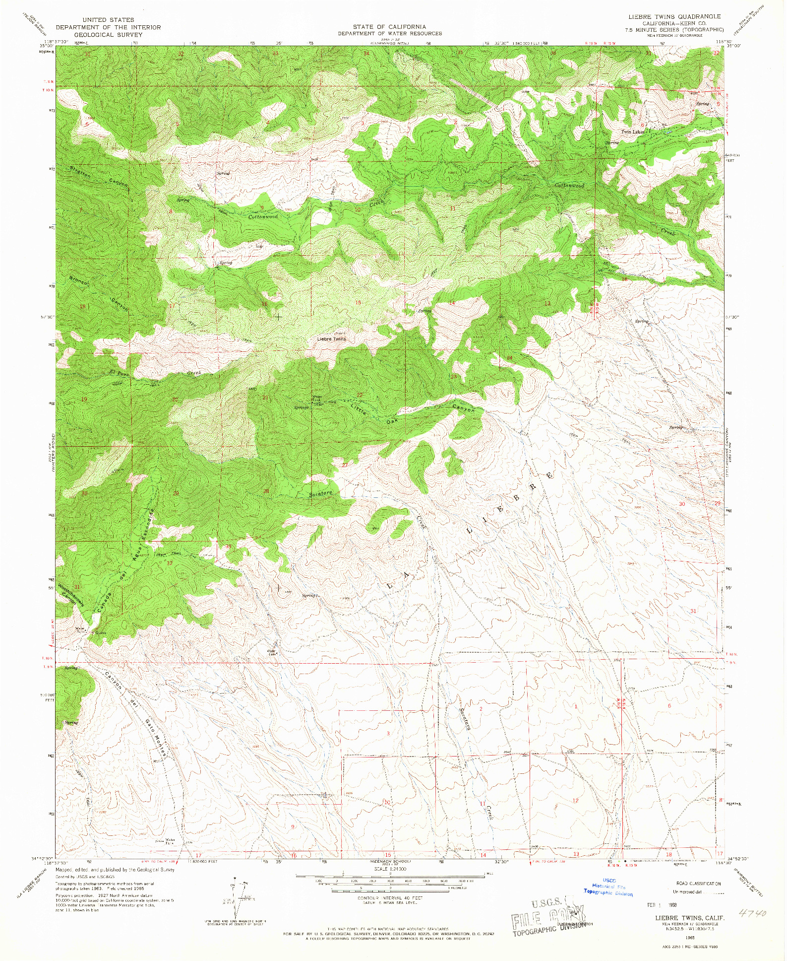 USGS 1:24000-SCALE QUADRANGLE FOR LIEBRE TWINS, CA 1965