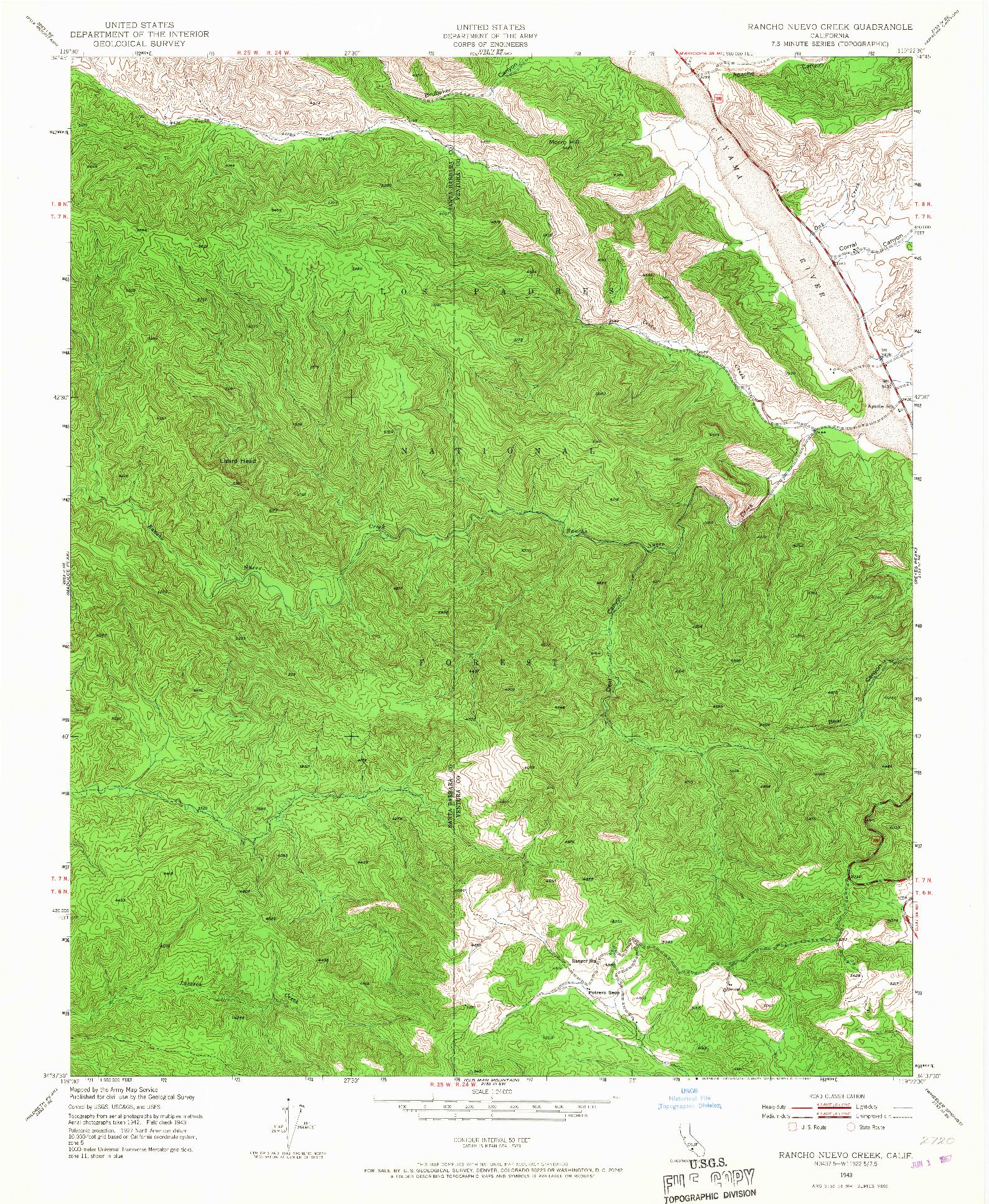 USGS 1:24000-SCALE QUADRANGLE FOR RANCHO NUEVO CREEK, CA 1943