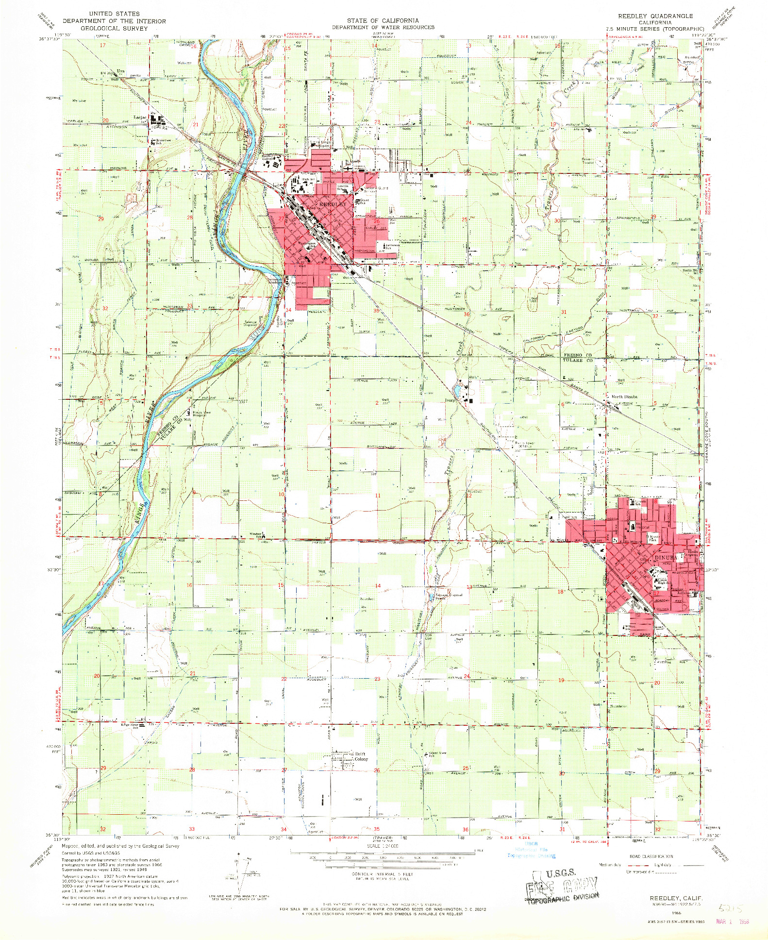 USGS 1:24000-SCALE QUADRANGLE FOR REEDLEY, CA 1966