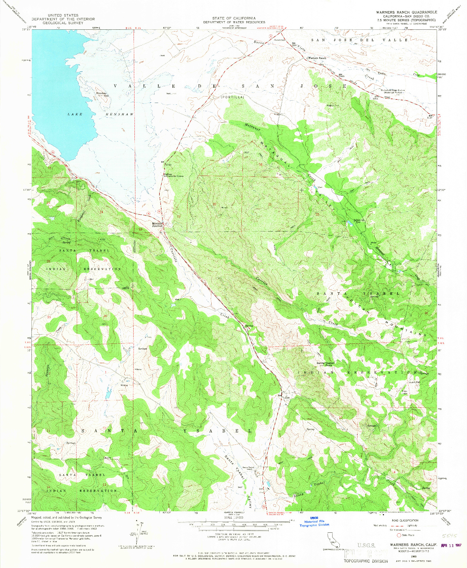 USGS 1:24000-SCALE QUADRANGLE FOR WARNERS RANCH, CA 1960