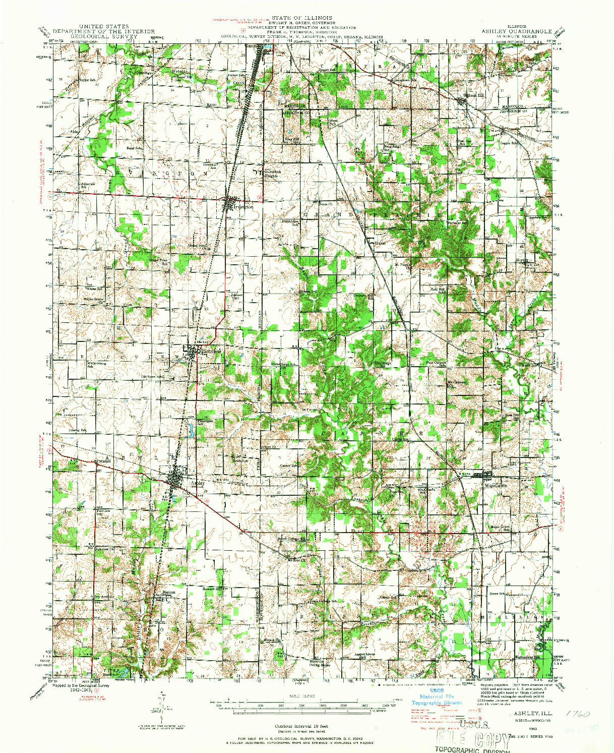 USGS 1:62500-SCALE QUADRANGLE FOR ASHLEY, IL 1943