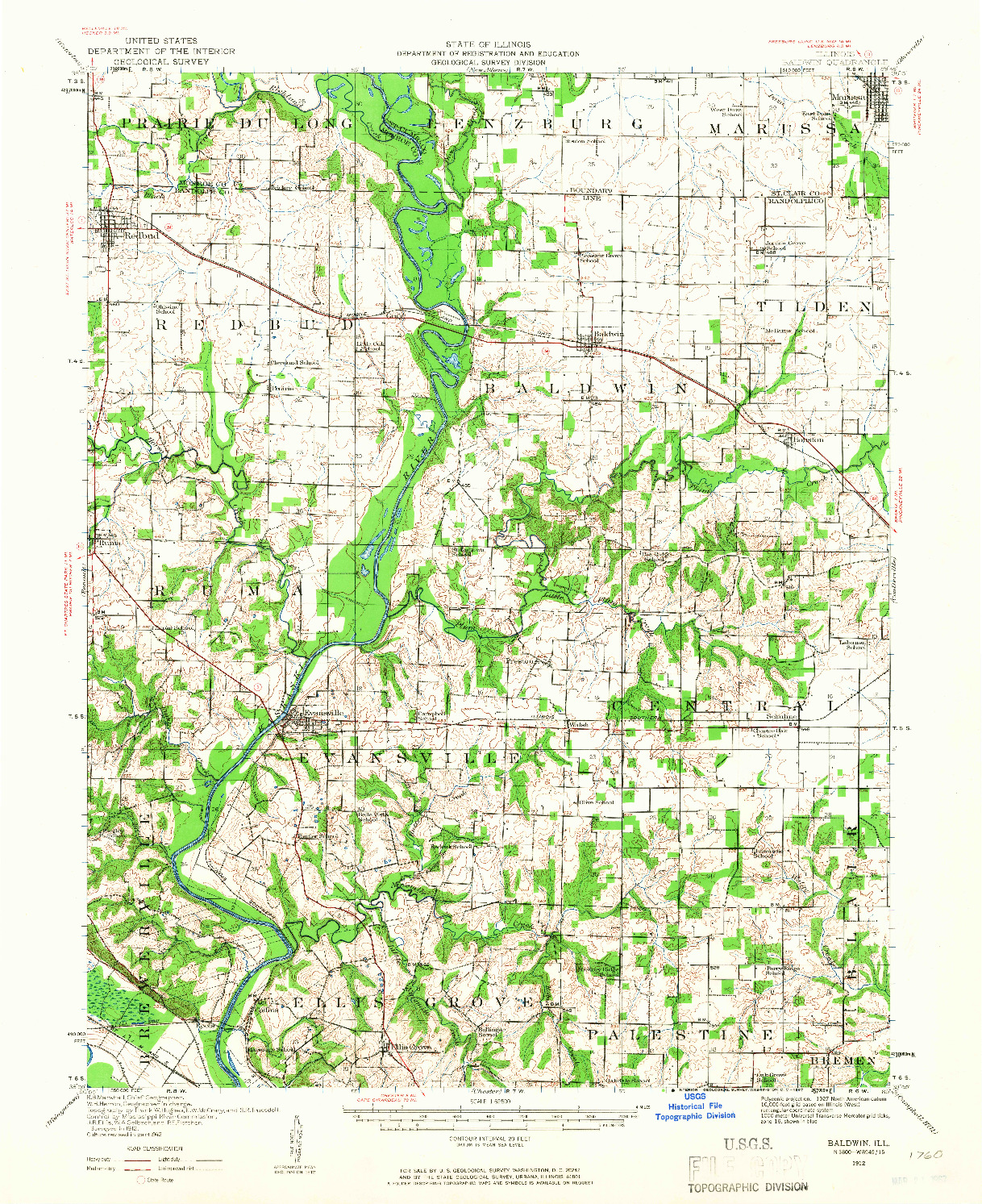 USGS 1:62500-SCALE QUADRANGLE FOR BALDWIN, IL 1912