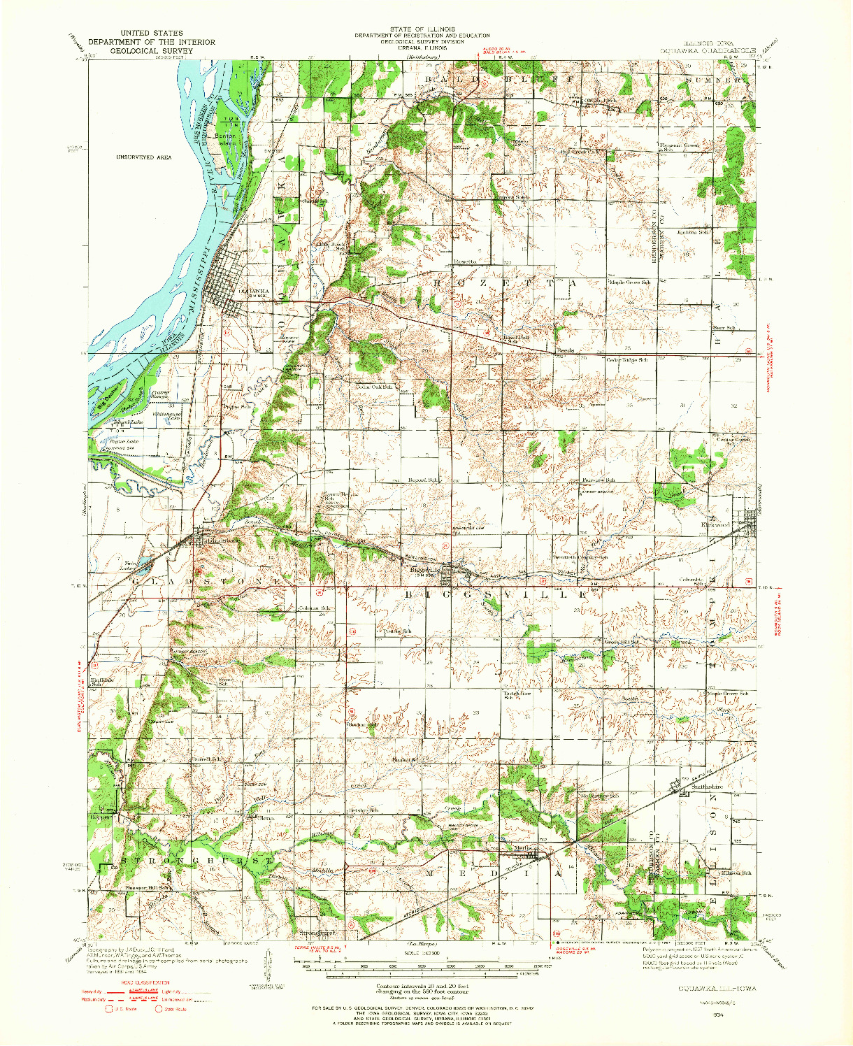 USGS 1:62500-SCALE QUADRANGLE FOR OQUAWKA, IL 1934